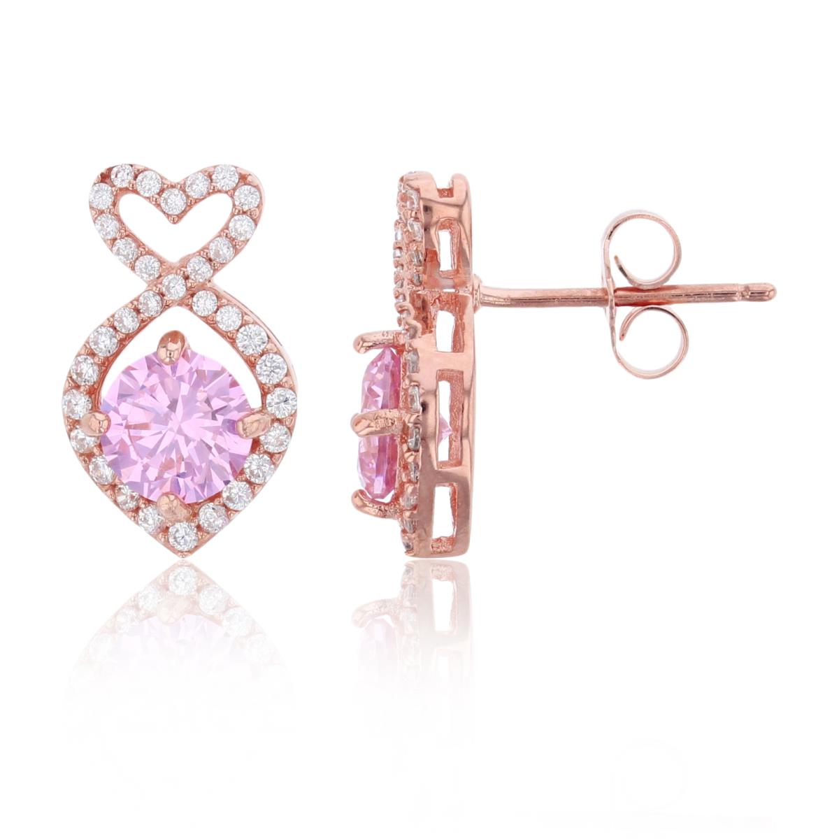 Sterling Silver Rose 6mm Pink Rd Cut & Micropave White CZ Fish-Shaped Stud Earring