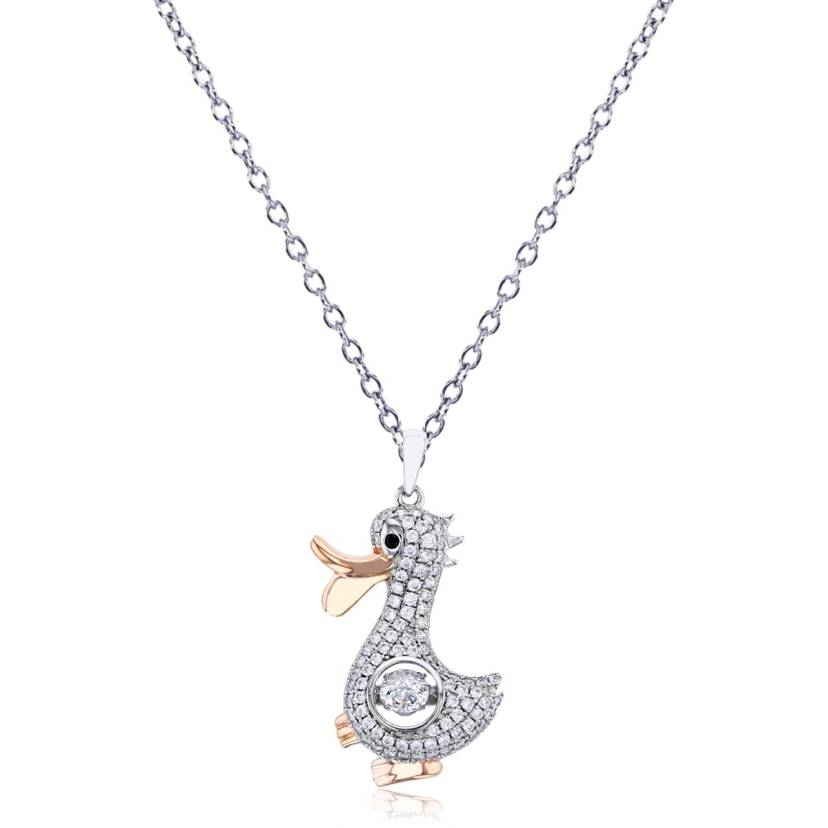 Sterling Silver Rose & White Micropave Duck 18" Necklace
