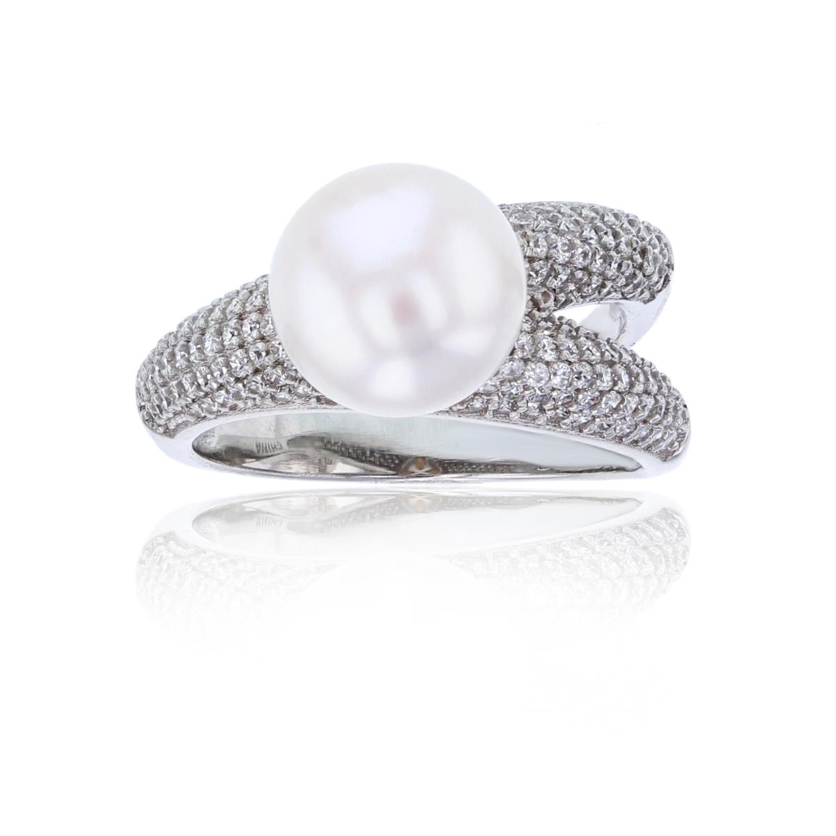 Sterling Silver Rhodium 10mm Freshwater Pearl with Micropave CZ One-Sided Split Shank Fashion Ring