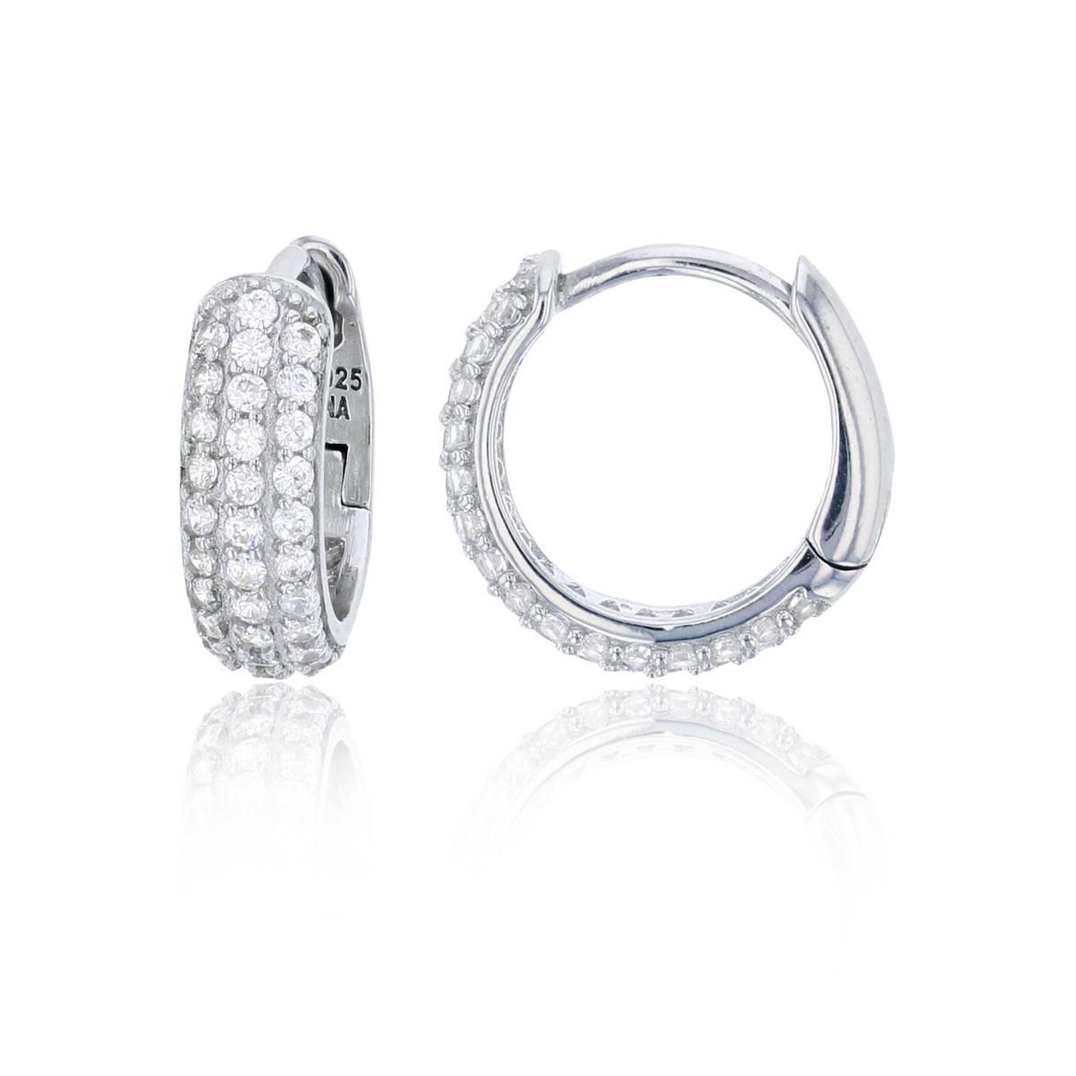 Sterling Silver Rhodium 13x4mm 3-Row Micropave CZ Huggie Earring