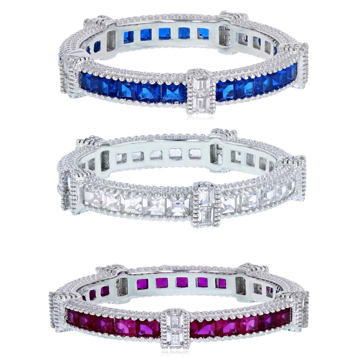 Sterling Silver Rhodium Pave Ruby, White & Blue Princess Cut with Baguette Station Ring Set