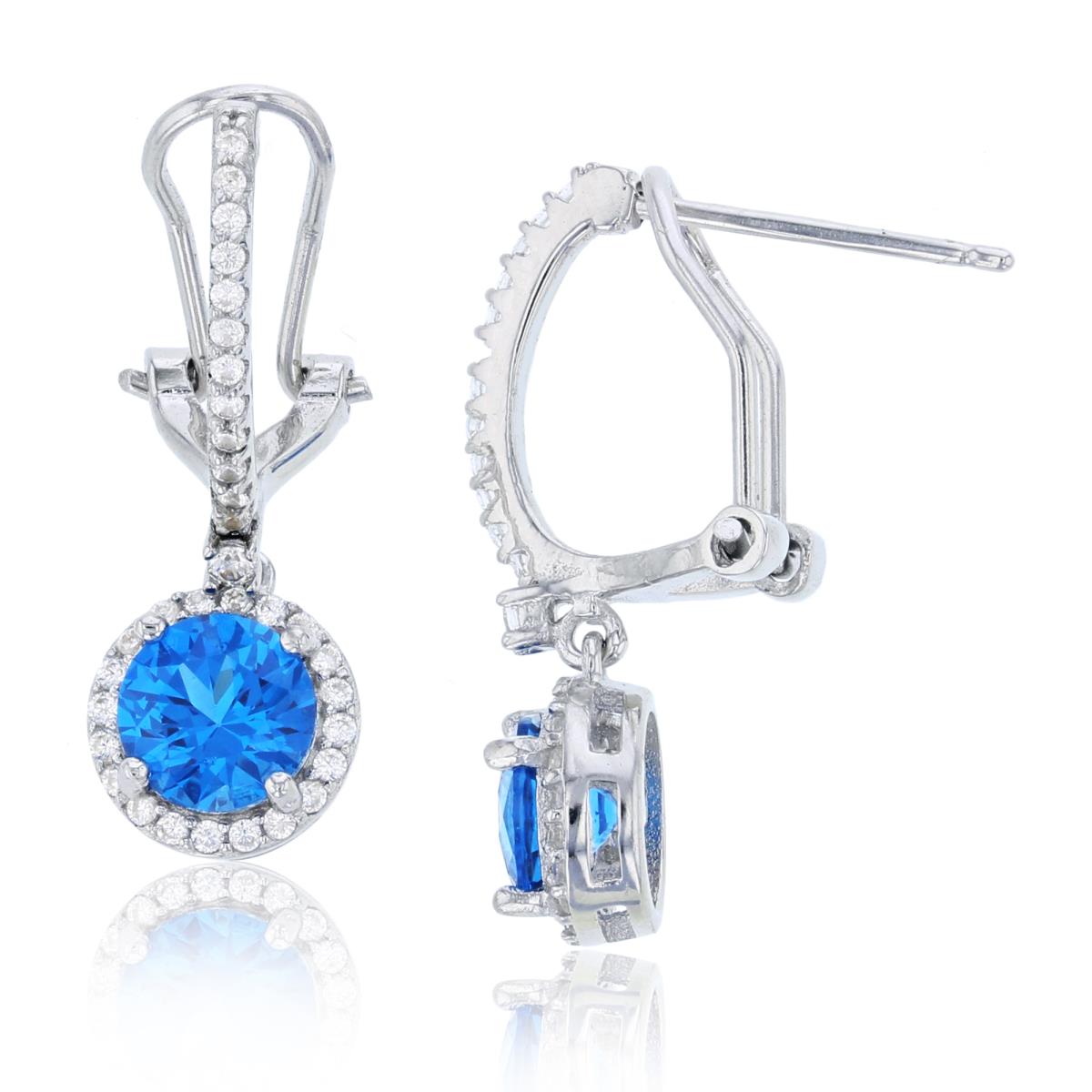 Sterling Silver Rhodium 6mm Swiss Blue Rd & White Stone Halo Dangling Omega Back Earring