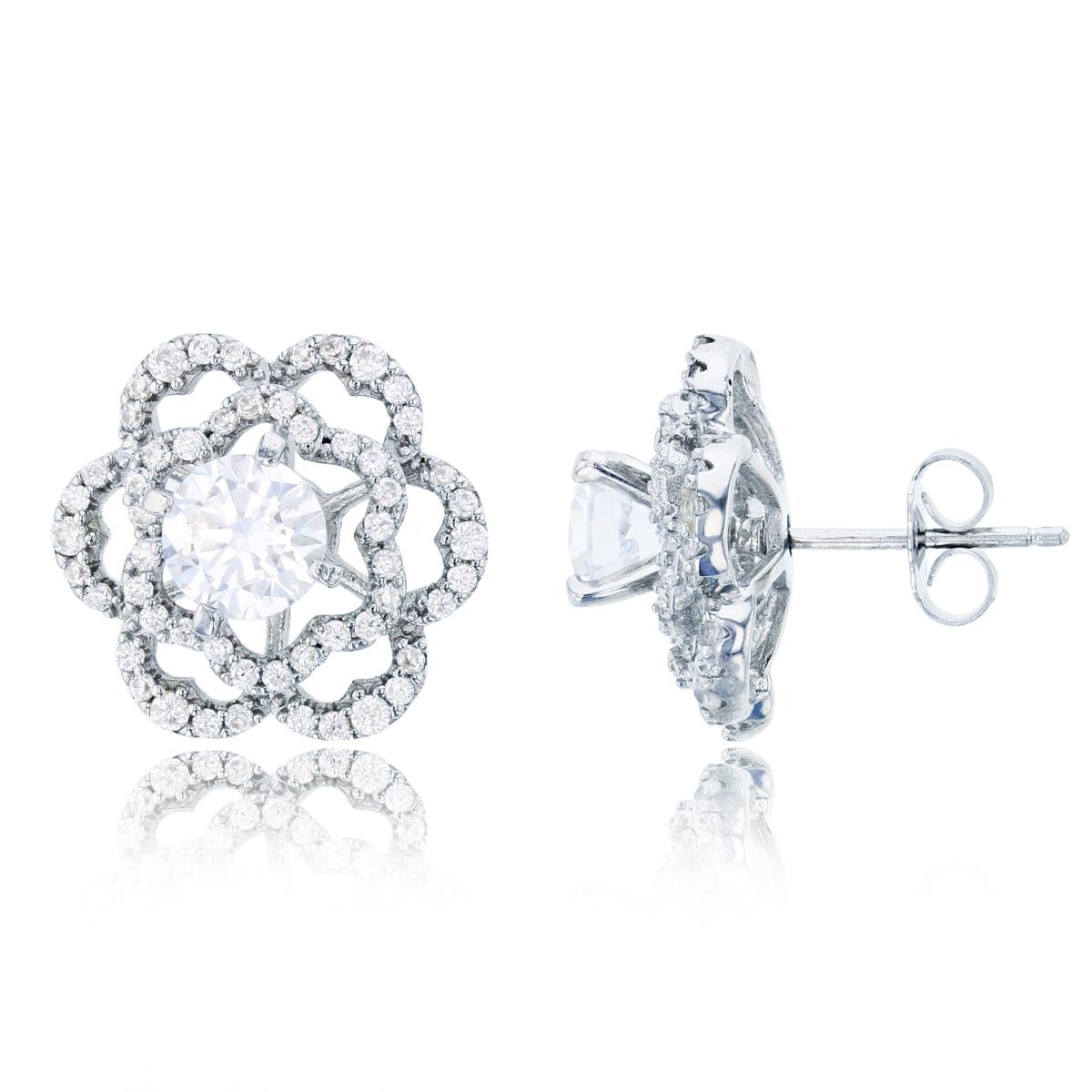 Sterling Silver Rhodium 6mm Rd Cut with Micropave CZ Removable Petals Stud Earring