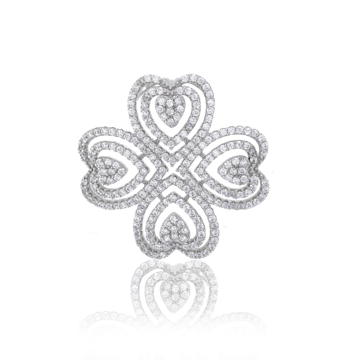 Sterling Silver Rhodium 28x28mm Micropave CZ Heart-Shaped Petals Pendant