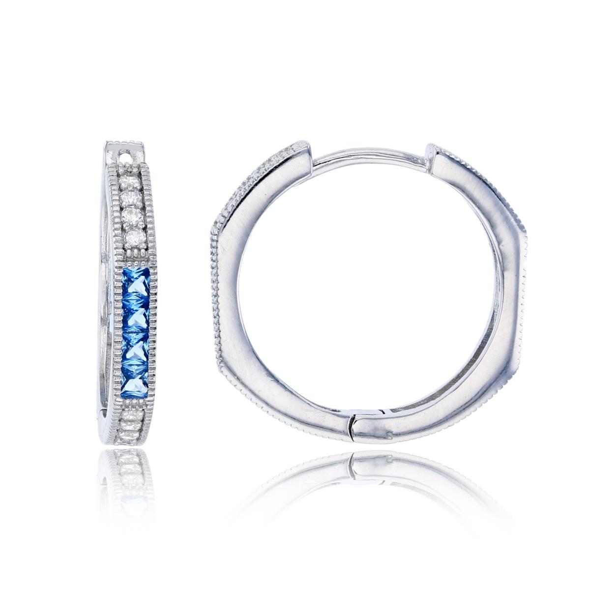 Sterling Silver Rhodium 19x3mm Sky Blue Square & White Rd Cut CZ Milgrain Octagonal Hoop Earring
