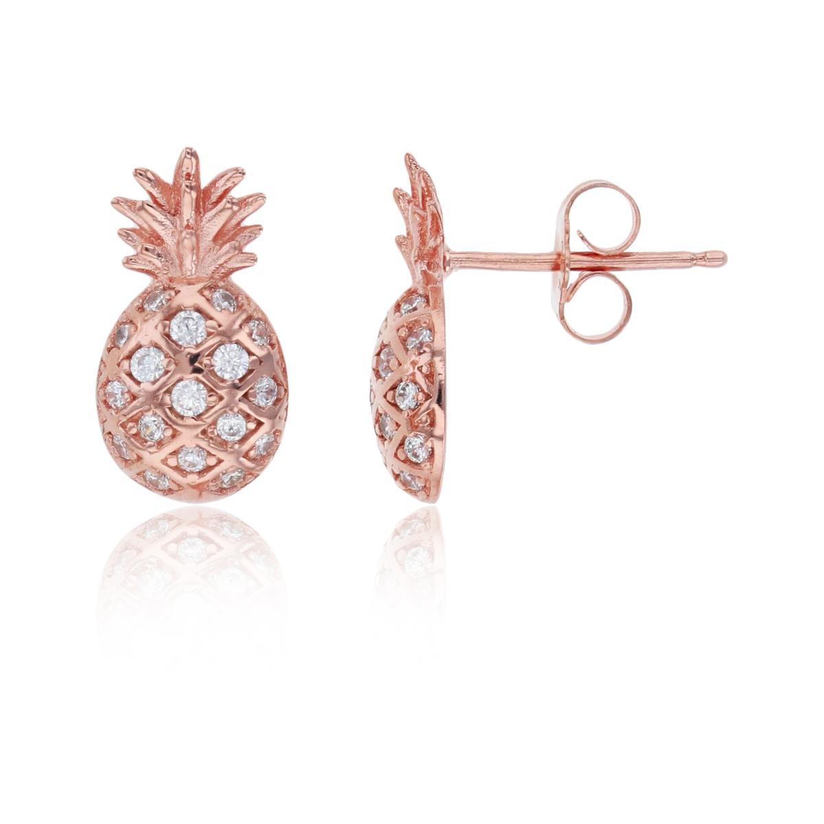 Sterling Silver Rose 15x8mm Micropave CZ Pineapple Stud Earring
