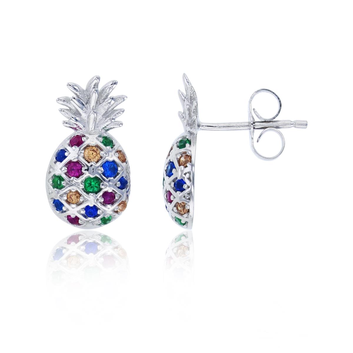 Sterling Silver Rhodium 15x8mm Micropave Multi-Color CZ Pineapple Stud Earring