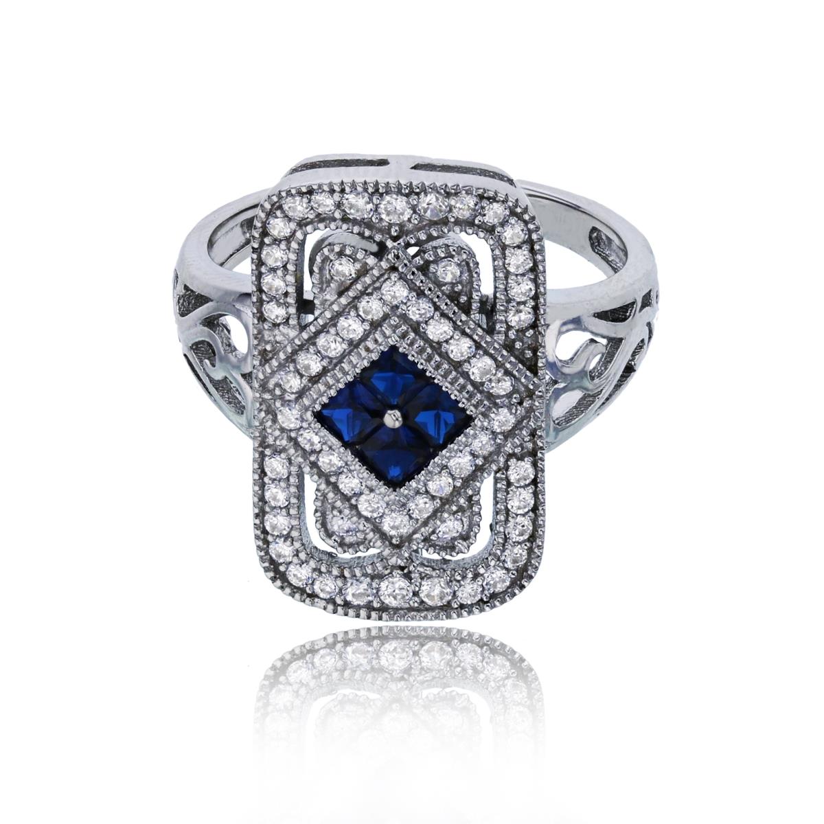 Sterling Silver Rhodium Micropave Blue Spinel & White CZ Filigree Sides Milgrain Fancy Fashion Ring