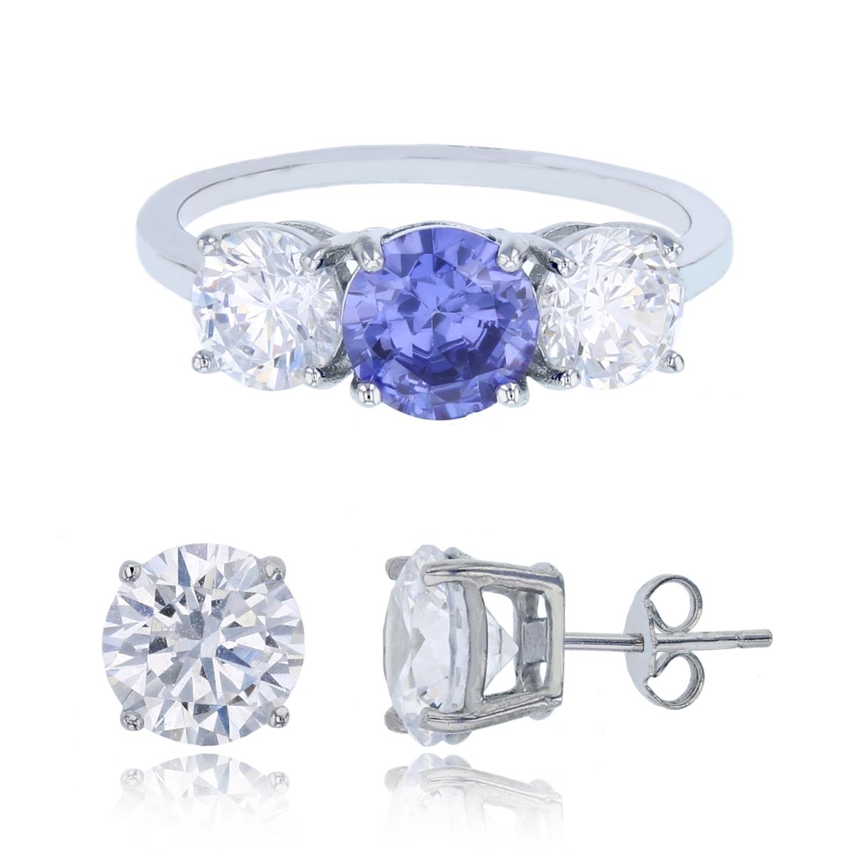 Sterling Silver Rhodium 3-Stone Tanzanite & White Past, Present&Future Ring & 8mm Round Solitaire Stud Earring Set