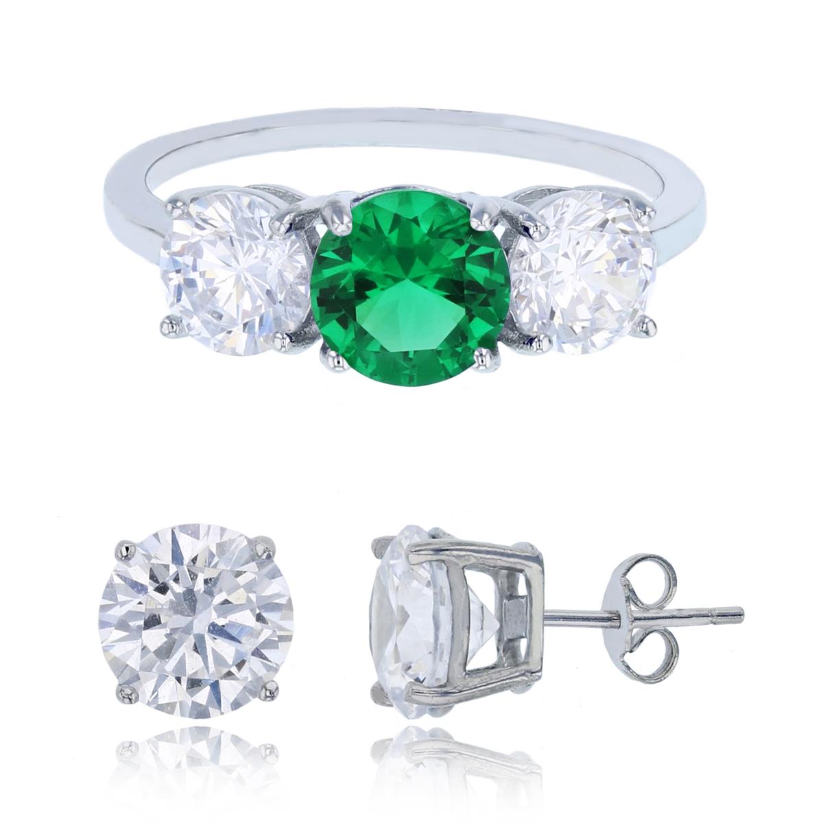 Sterling Silver Rhodium 3-Stone Emerald & White Past, Present&Future Ring & 8mm Round Solitaire Stud Earring Set