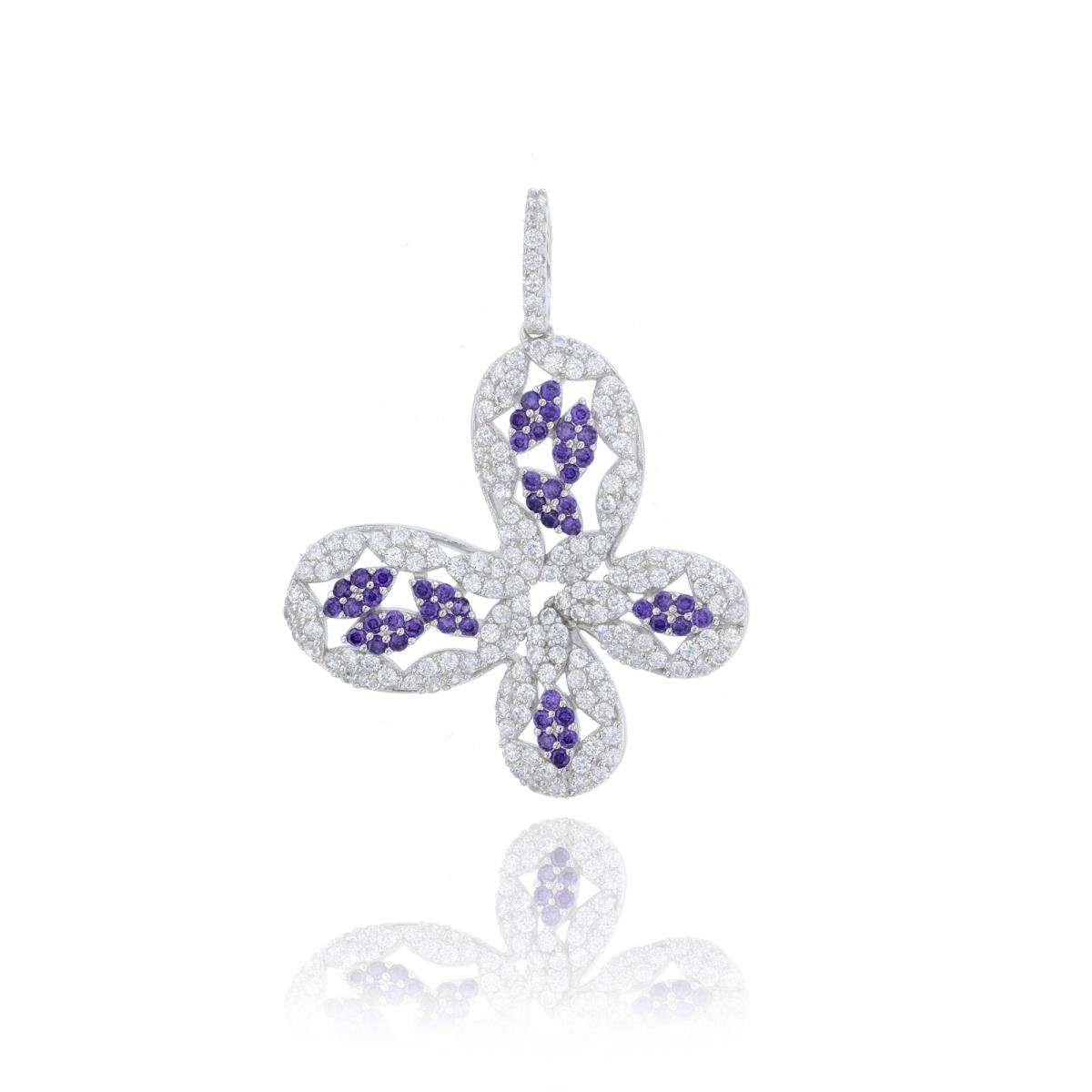 Sterling Silver Rhodium 39x29mm Micropave Amethyst & White CZ Butterfly Pendant