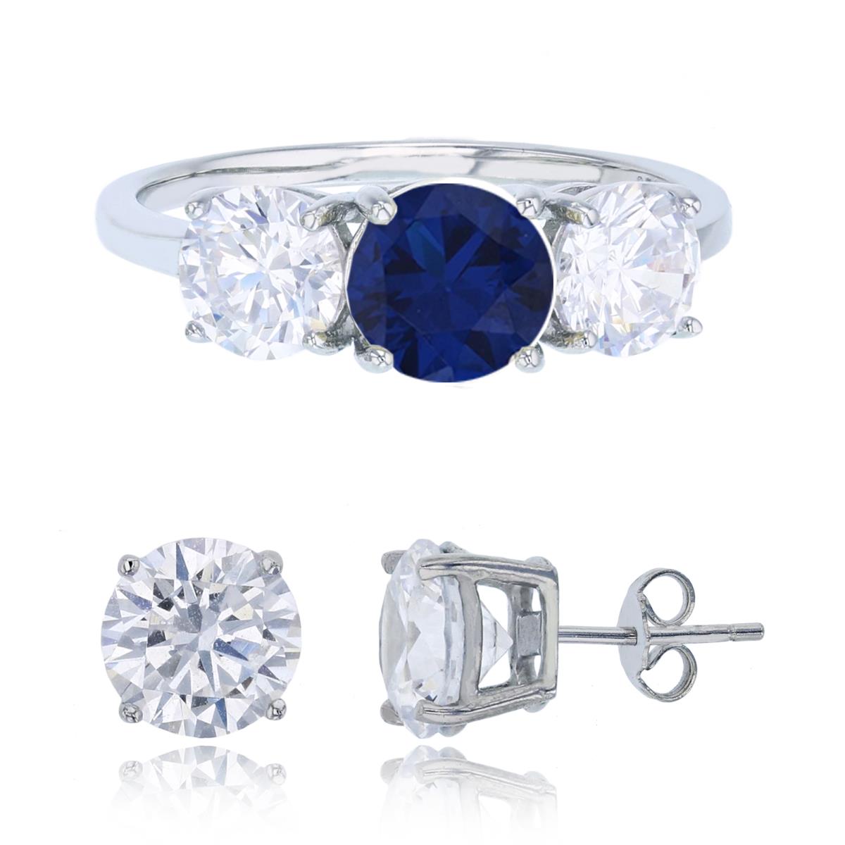 Sterling Silver Rhodium 3-Stone Sapphire & White Past, Present&Future Ring & 8mm Round Solitaire Stud Earring Set