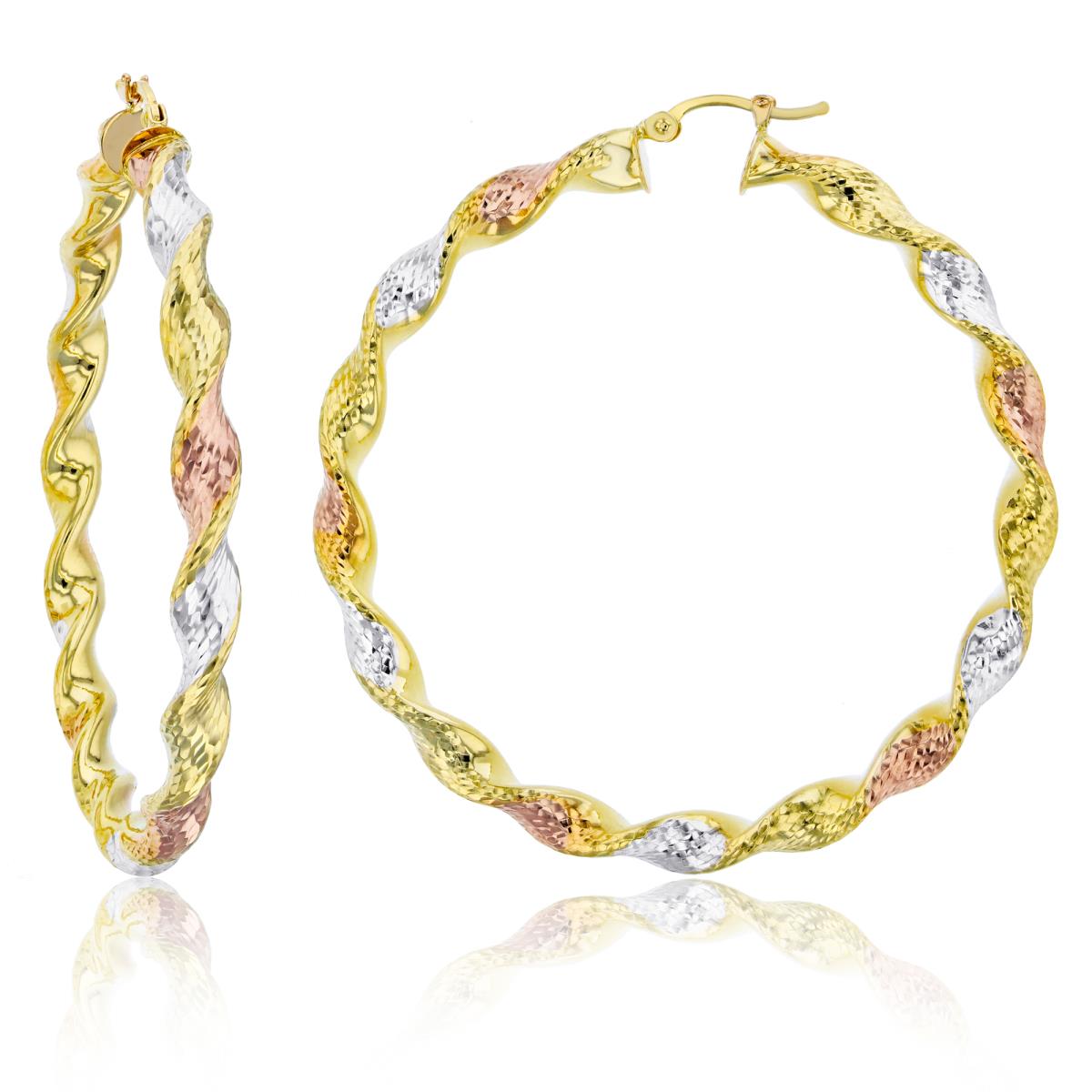 14K Tri-color Gold Twisted Dia-cut 5x55mm Hoop Earring