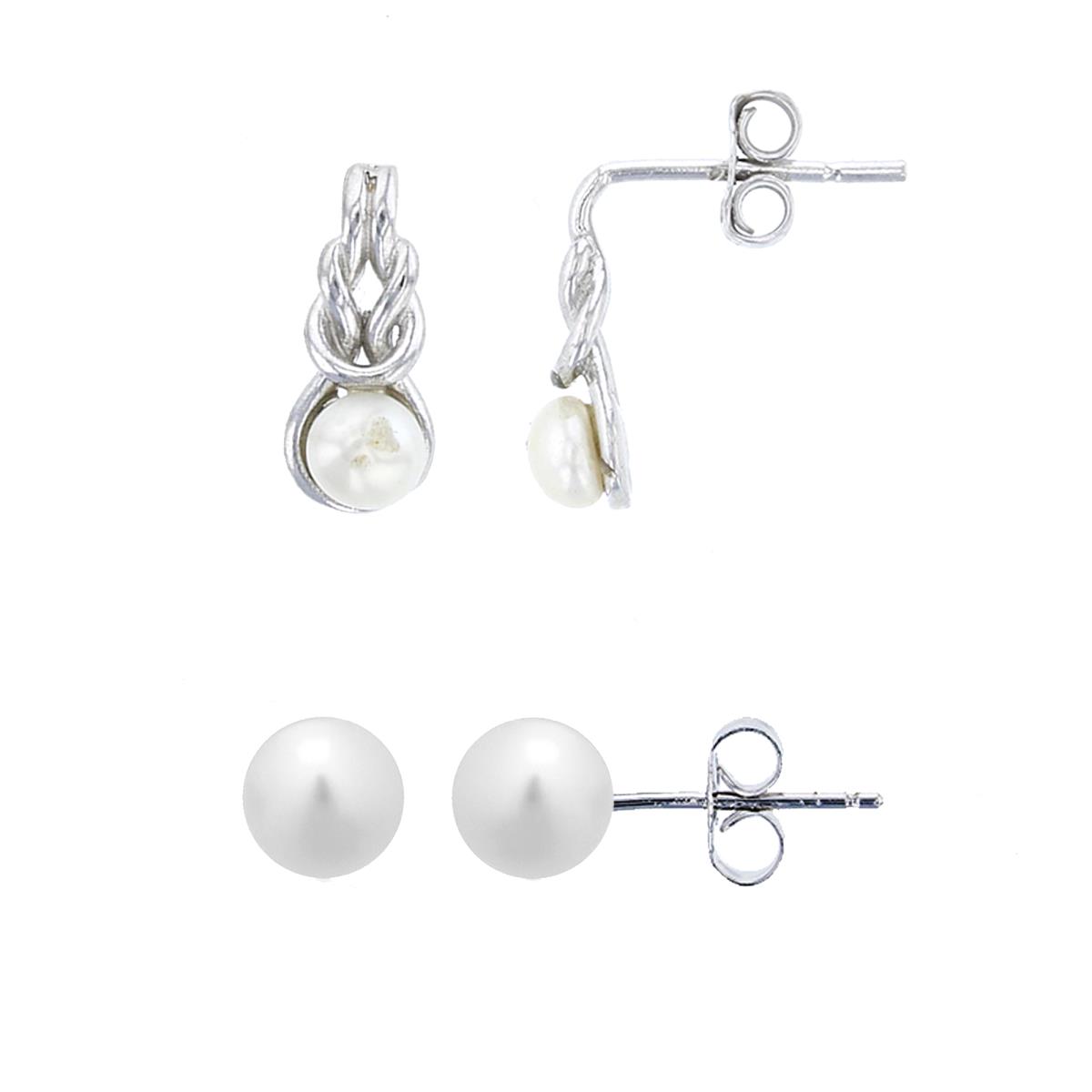 Sterling Silver Rhodium 5x12.50mm FWP Love Knot & 5-6mm Freshwater Pearl Stud Earring Set