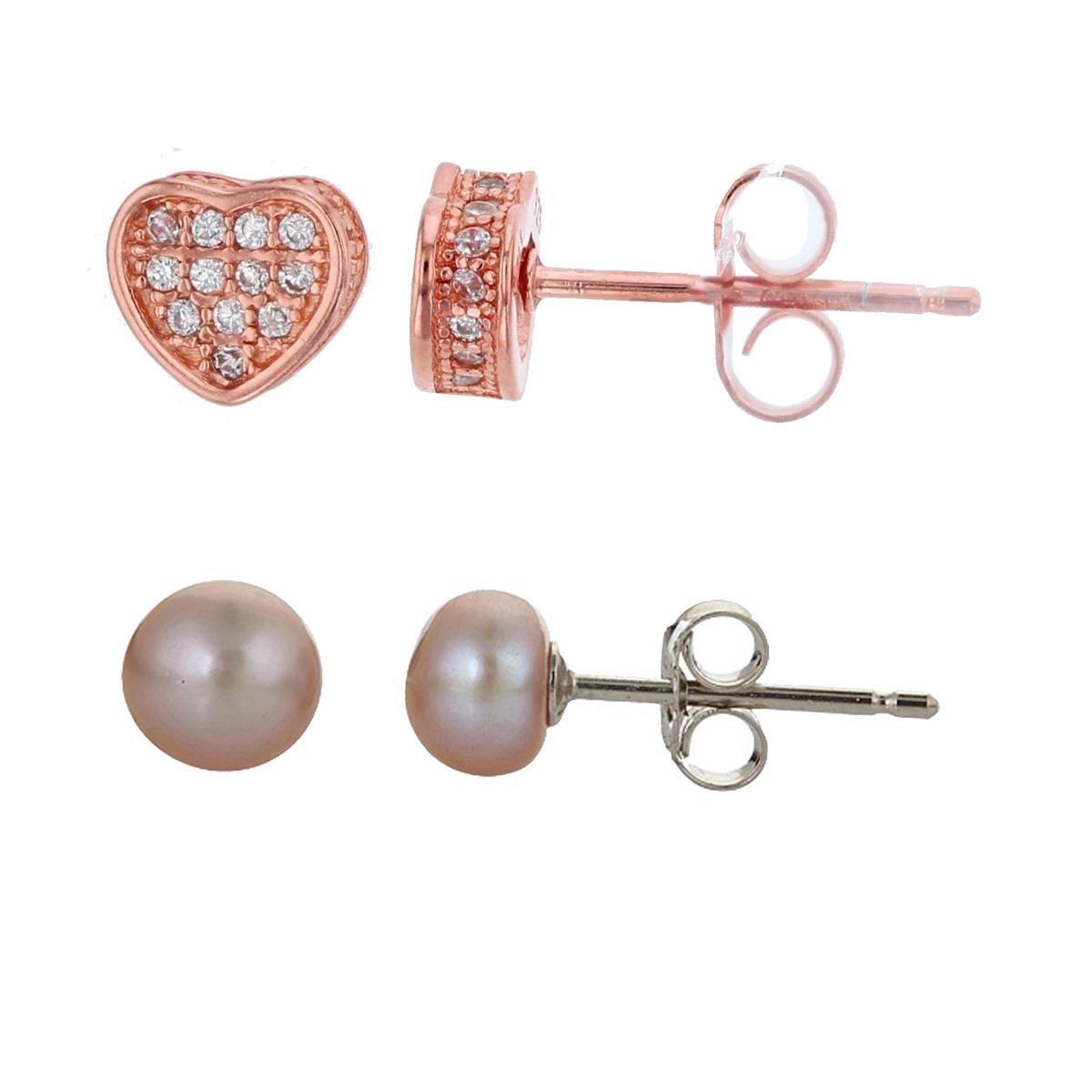 Sterling Silver Rhodium Pink 5-6mm FWP & Rose Micropave 3D Heart Stud Earring Set