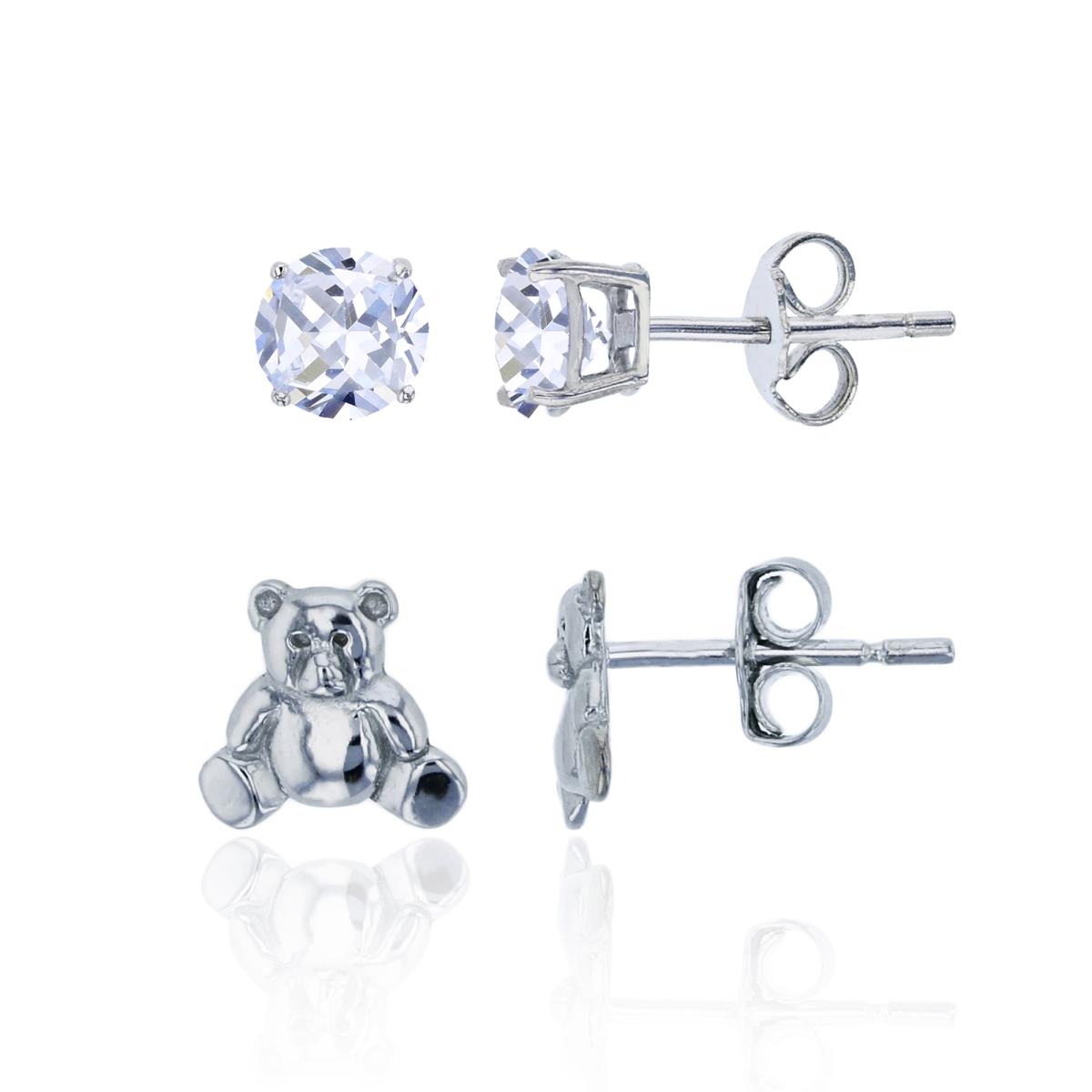 Sterling Silver Rhodium 7mm Polished Teddy Bear & 4mm AAA Round Solitaire Stud Earring Set