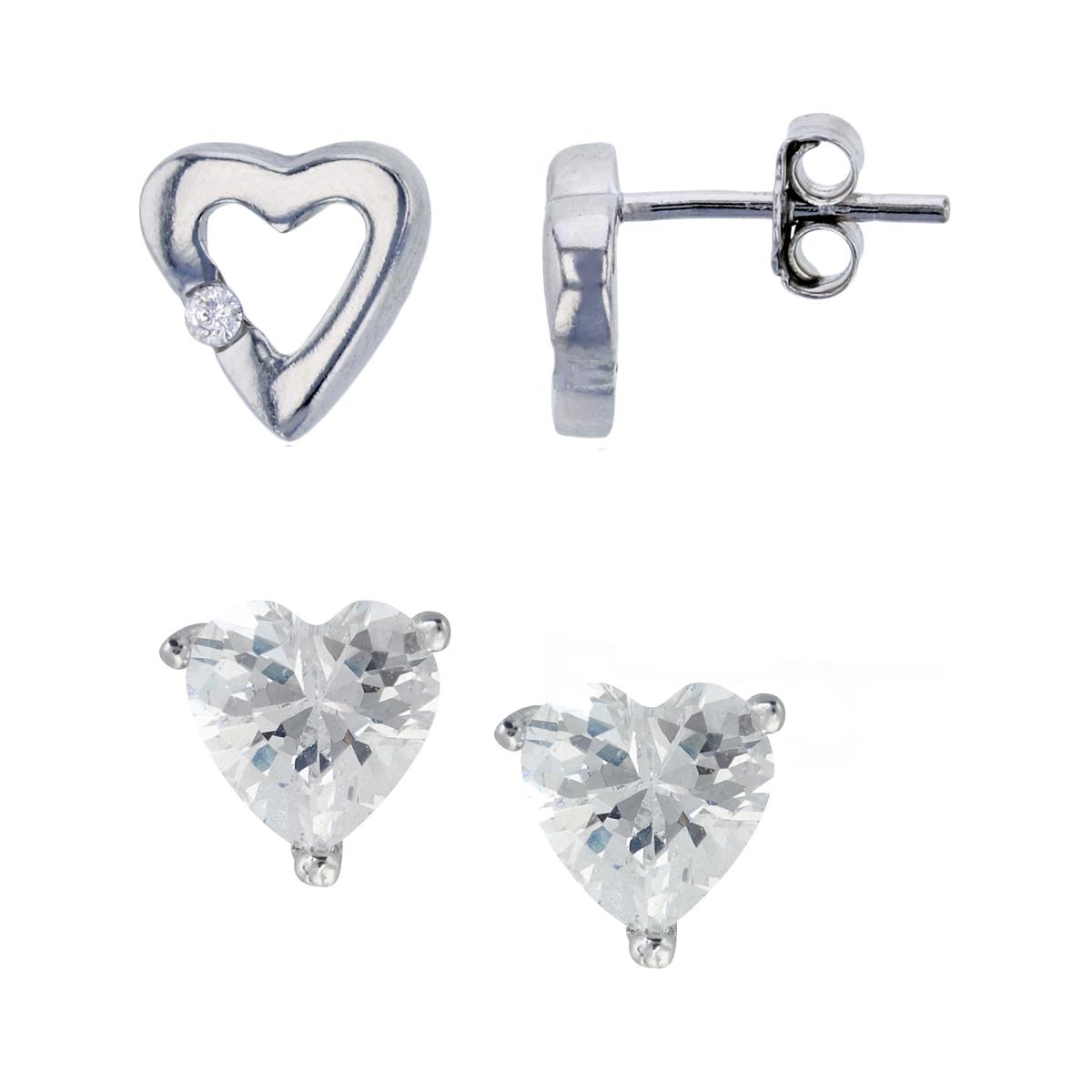 Sterling Silver Rhodium 8x9mm Open Heart with CZ & 4mm Heart Solitaire Stud Earring Set