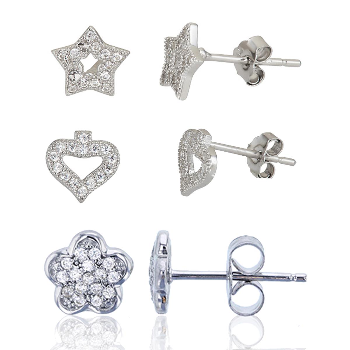Sterling Silver Petite Pave Star, Heart & Micropave Flower Earring Set