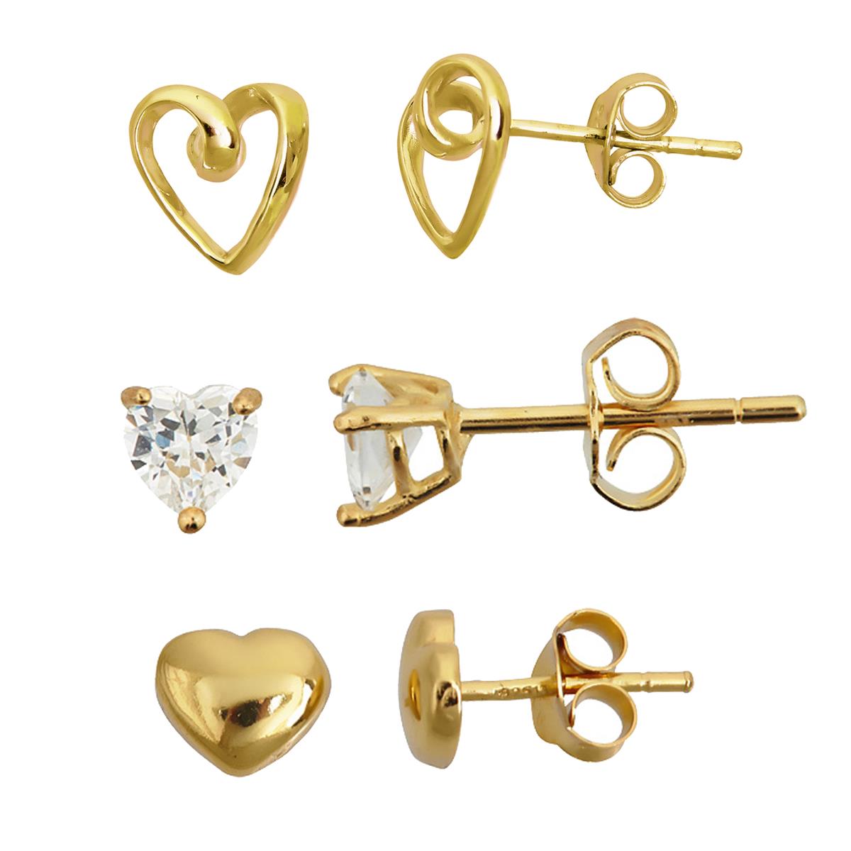 Sterling Silver Yellow High Polished, Open & Solitaire Heart Stud Earring Set