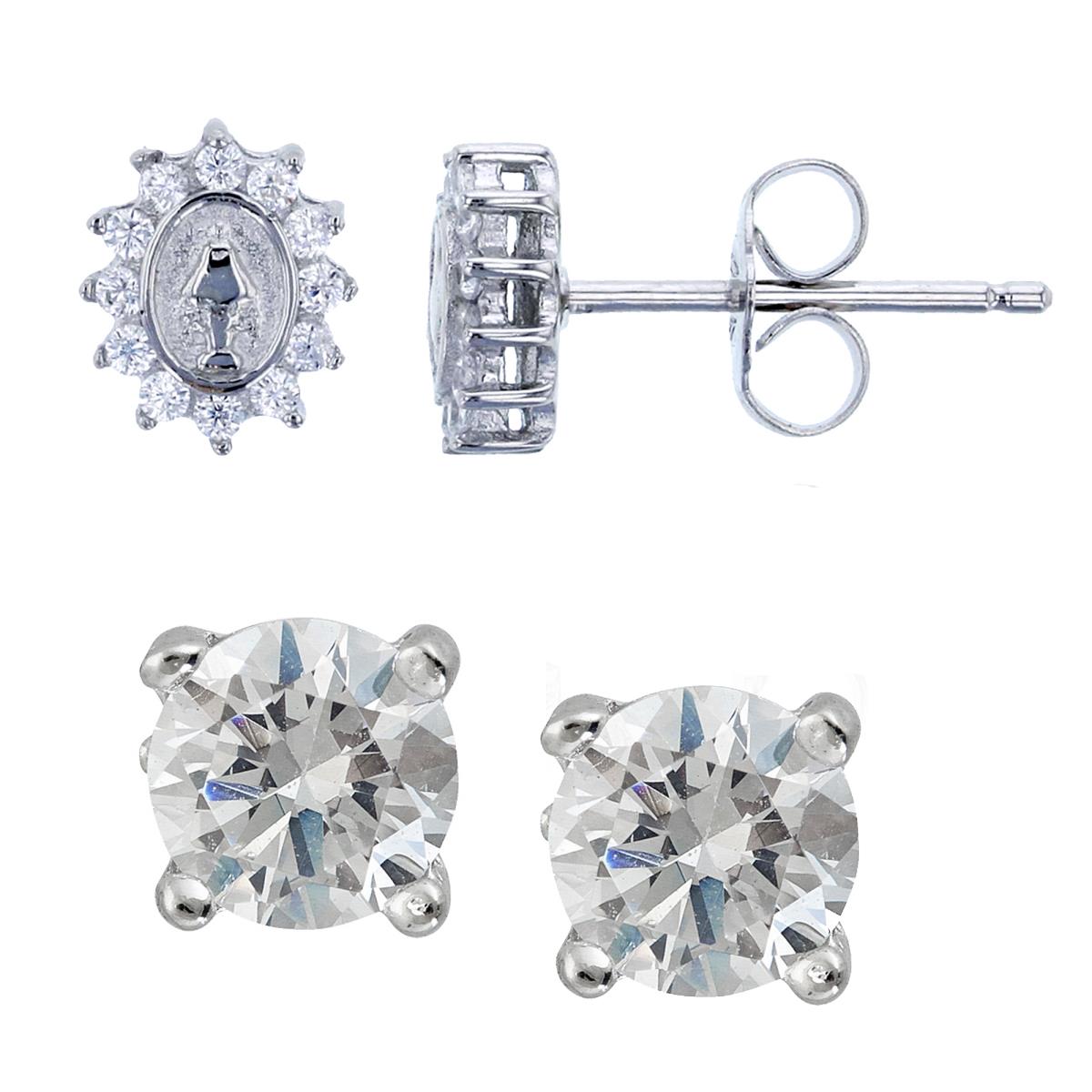 Sterling Silver Rhodium 1.2mm Round CZ Religious & 4.00mm AAA Round Solitaire Stud Earring Set
