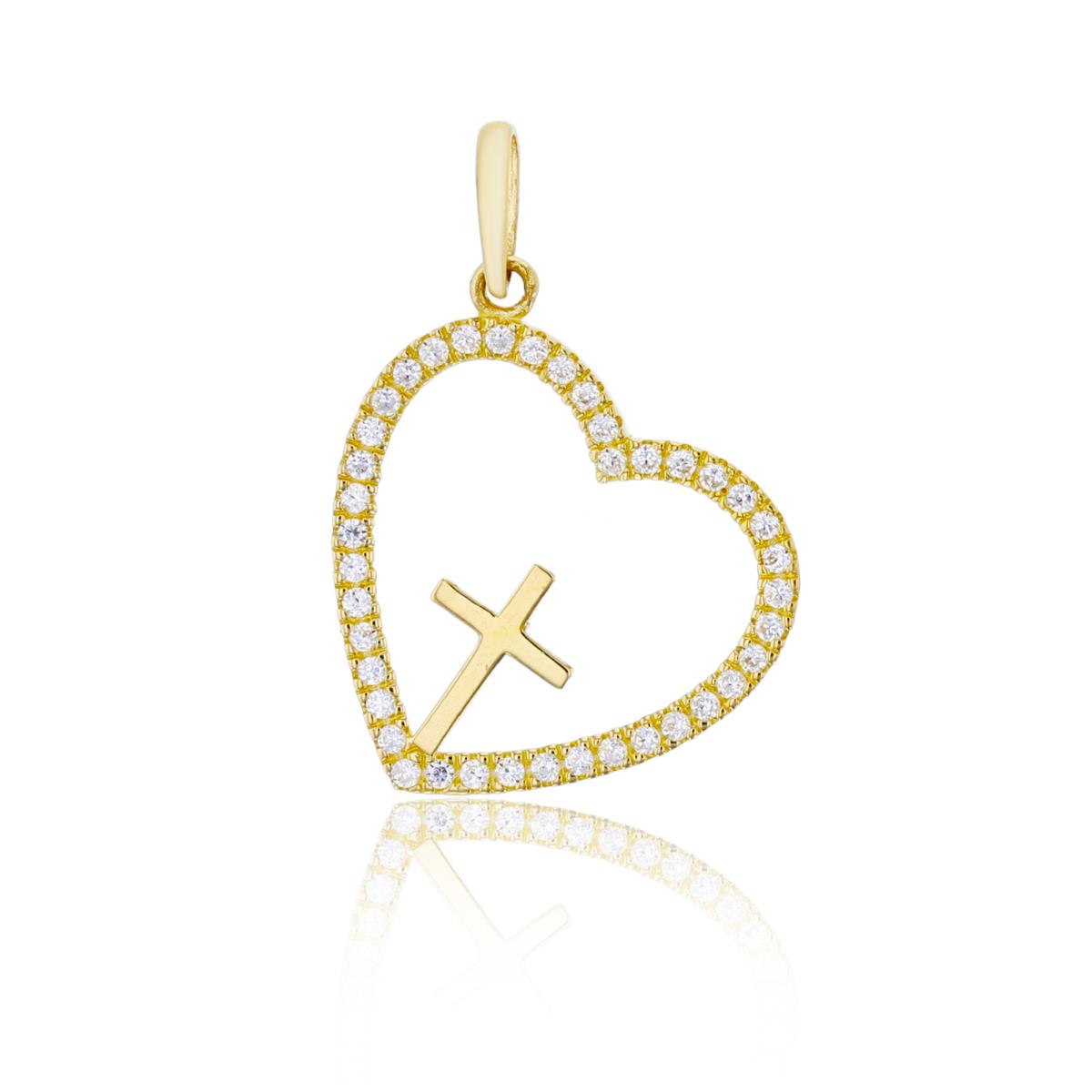 14K Yellow Gold Polished Cross within Micropave Open Heart Pendant