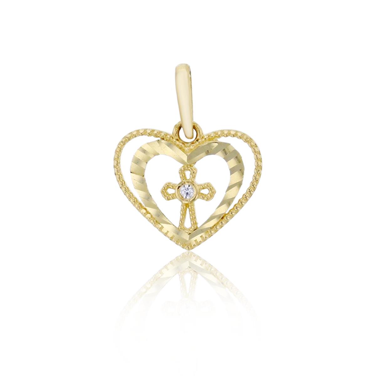 14K Yellow Gold Milgrain & Diamond Cut Cross within Heart Pendant