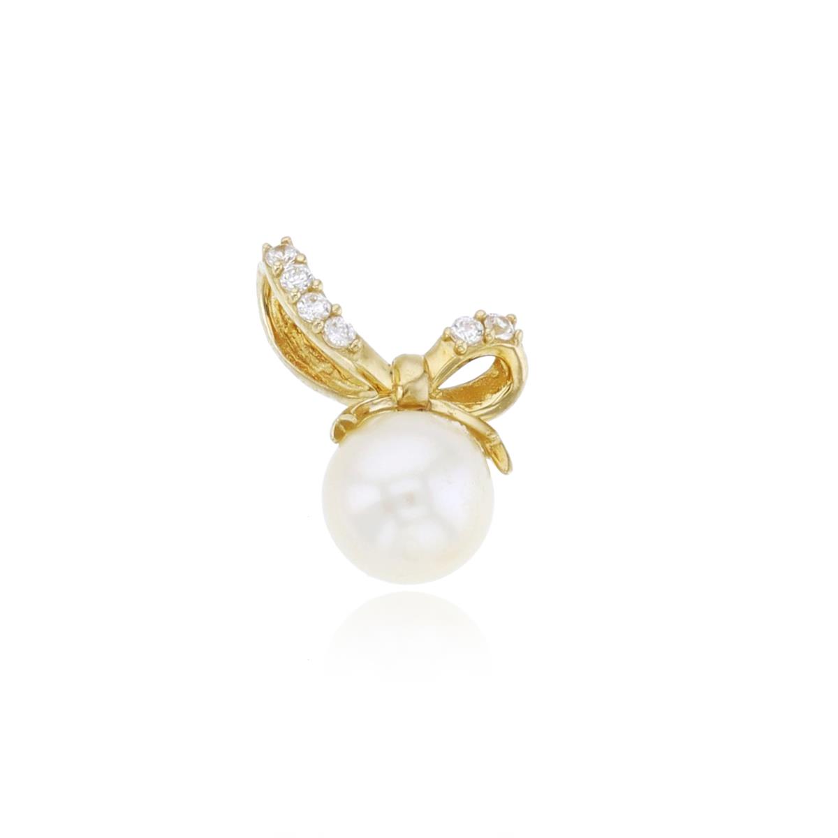 14K Yellow Gold 5mm Freshwater Pearl with Micropave CZ Bow Knot Pendant