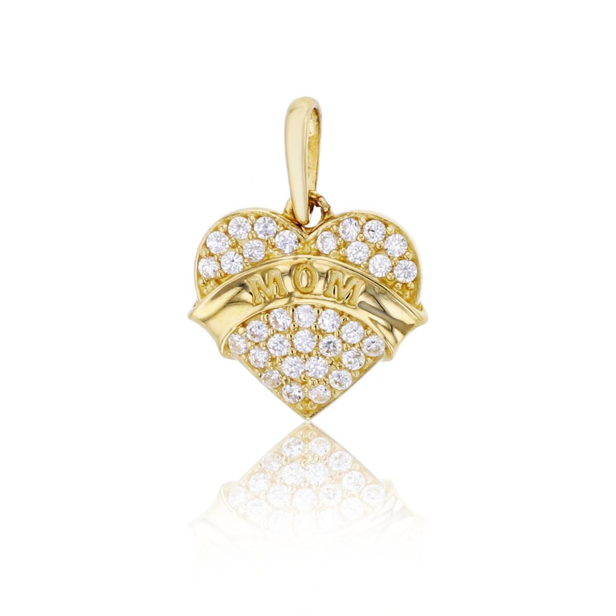 14K Yellow Gold 14x10mm Micropave CZ Heart with Engraved "MOM" Pendant