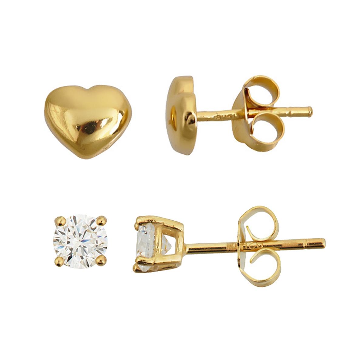 Sterling Silver Yellow High Polish Heart & 4mm AAA Round Solitaire Stud Earring Set 