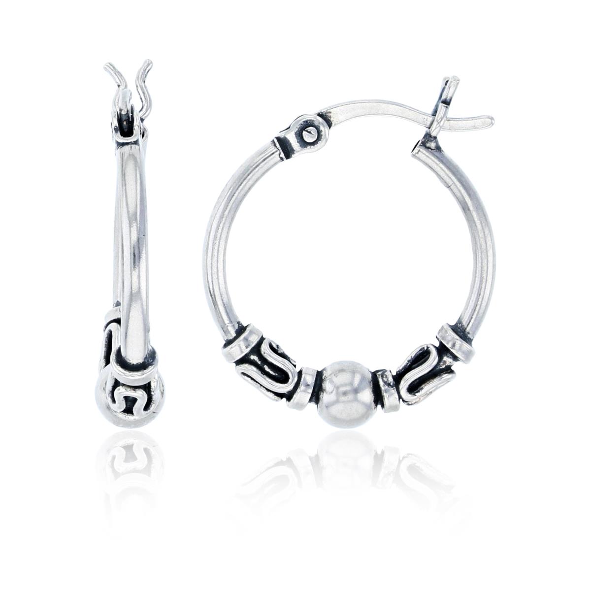Sterling Silver Oxidized 17x4mm Polished Bead Antique Hoop Earring