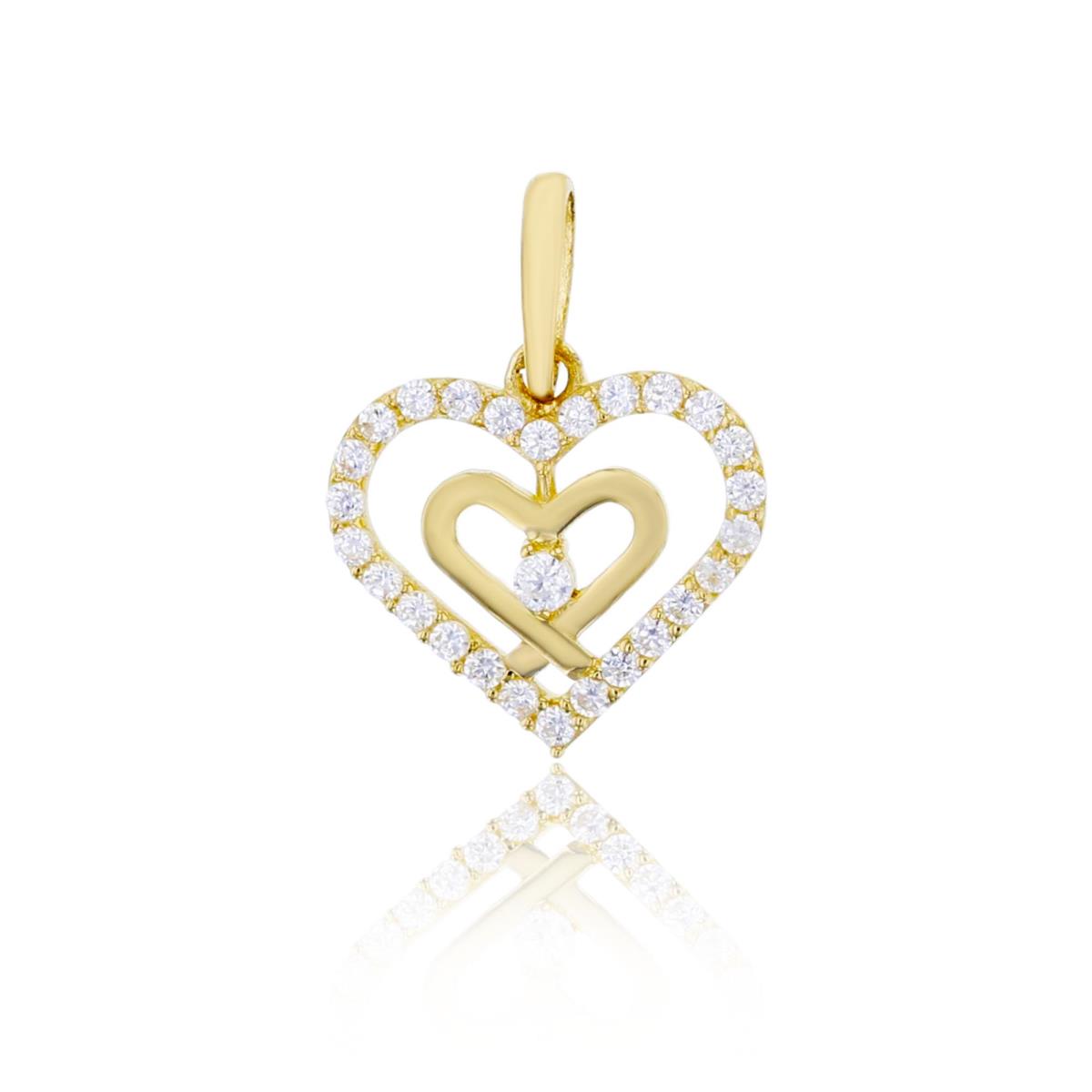 14K Yellow Gold Micropave CZ & Polished Double Open Hearts Pendant
