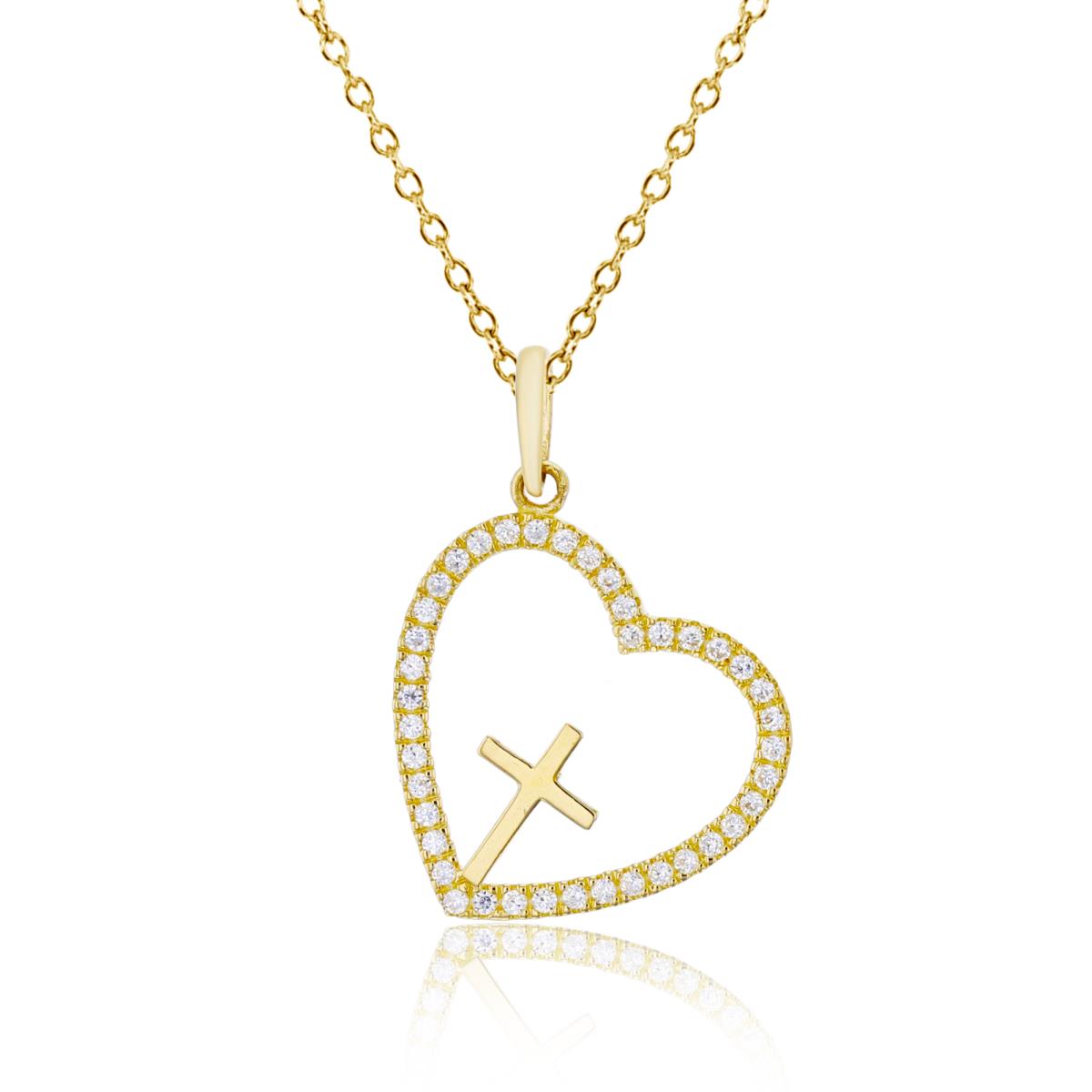 10K Yellow Gold Polished Cross within Micropave Open Heart 18" Necklace