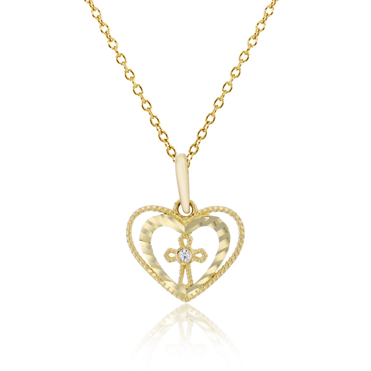 10K Yellow Gold Milgrain & Diamond Cut Cross within Heart 18" Necklace