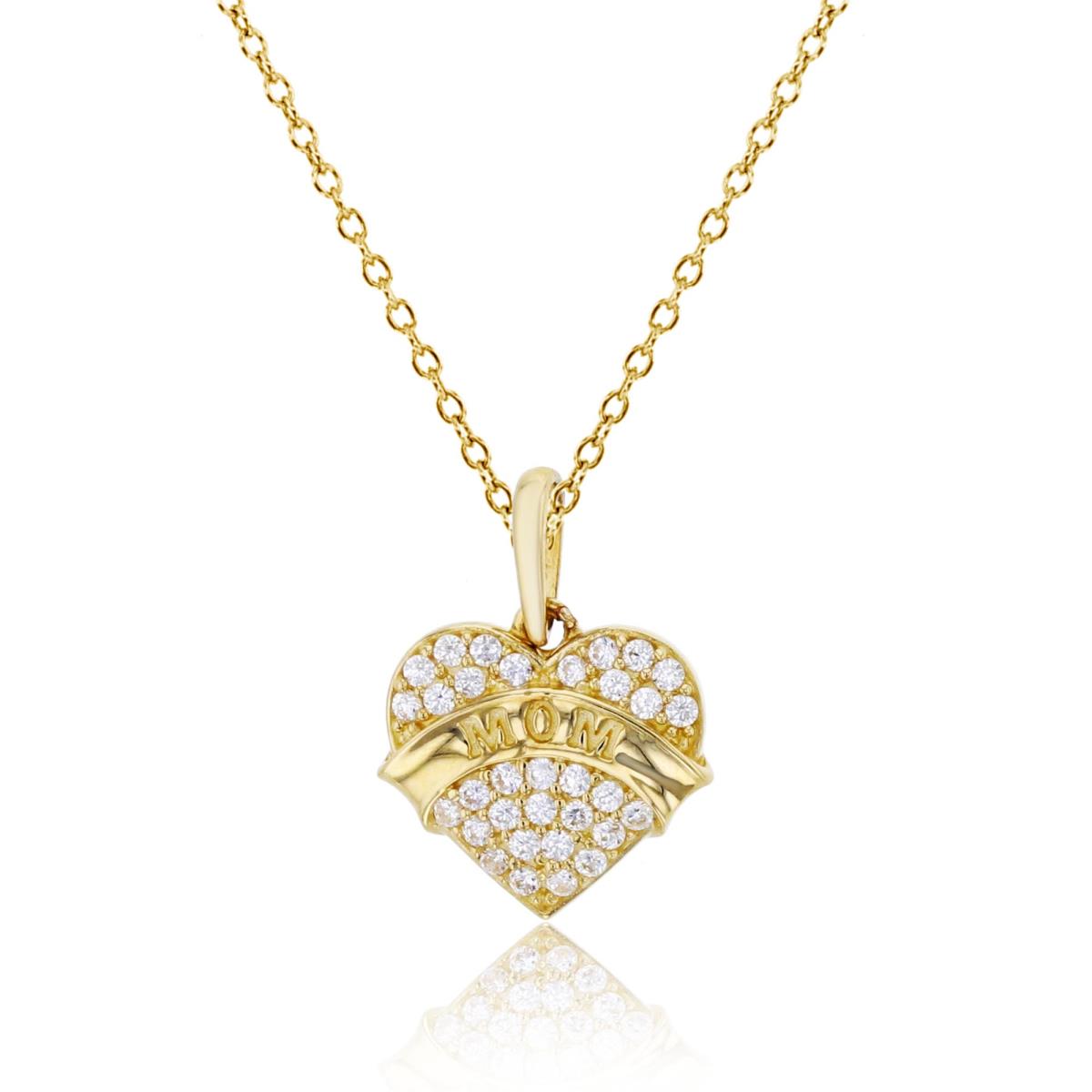 10K Yellow Gold Micropave CZ Heart with Engraved "MOM" 18" Necklace