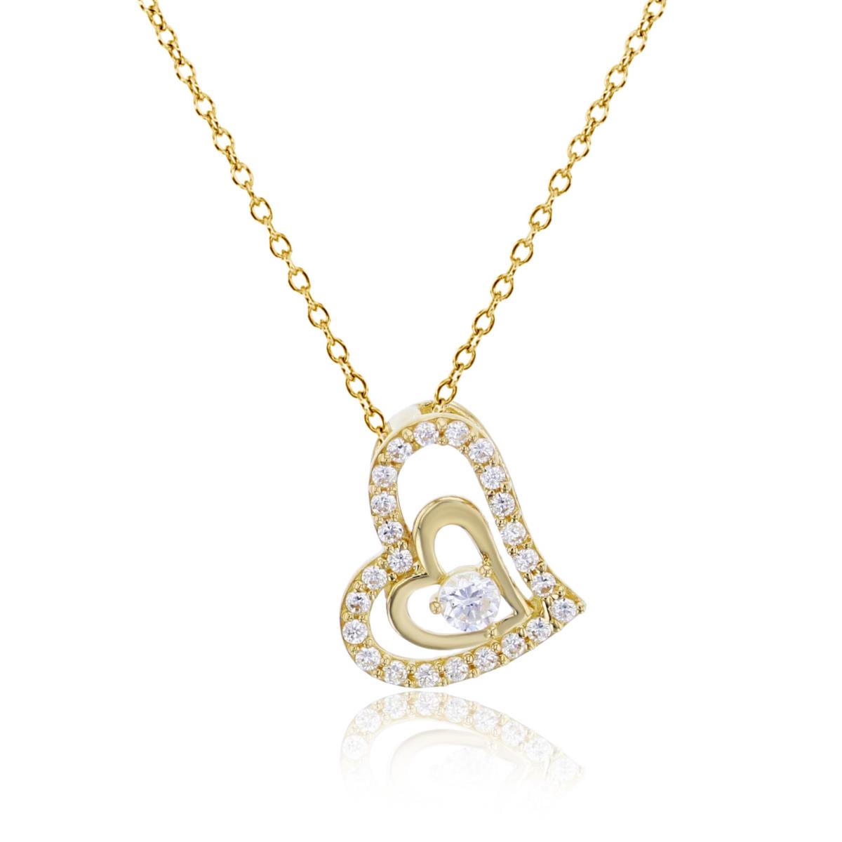 10K Yellow Gold 2.5mm Rd Cut CZ Inside Micropave & Polished Open Hearts 18" Necklace