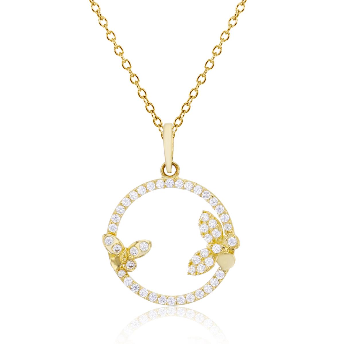 10K Yellow Gold Micropave CZ Butterfly Open Circle 18" Necklace