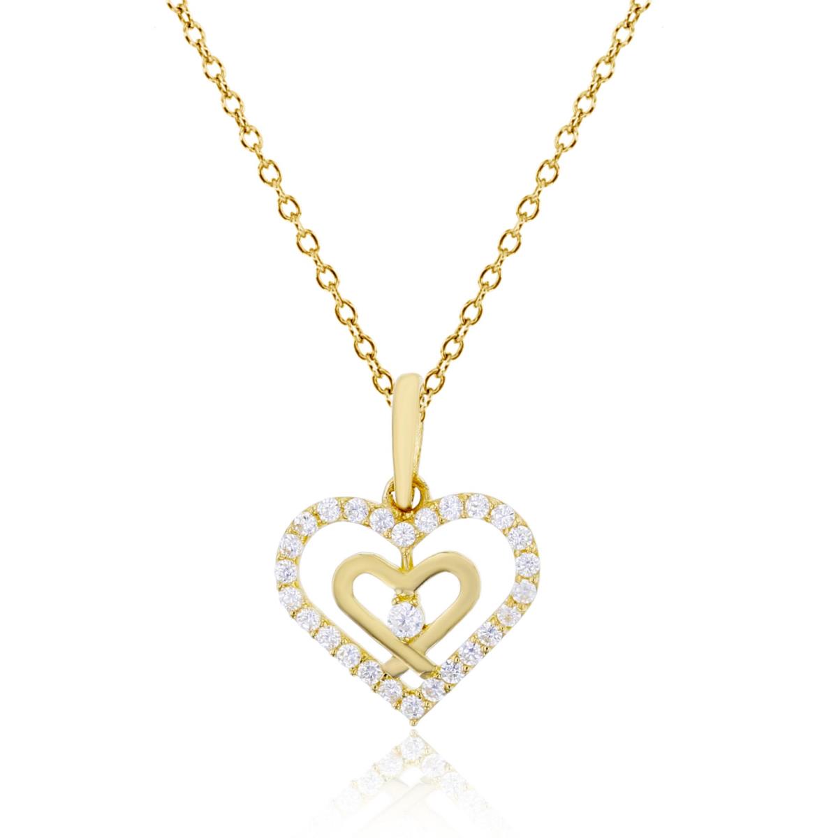 10K Yellow Gold Micropave CZ & Polished Double Open Hearts 18" Necklace