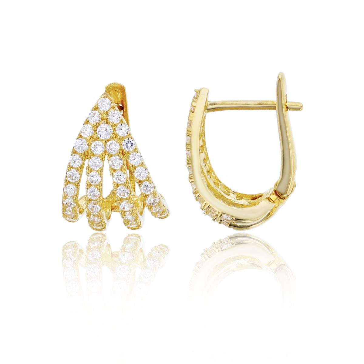 14K Yellow Gold 12x8mm 4-Row Micropave CZ Split Latch-Back Huggie Earring