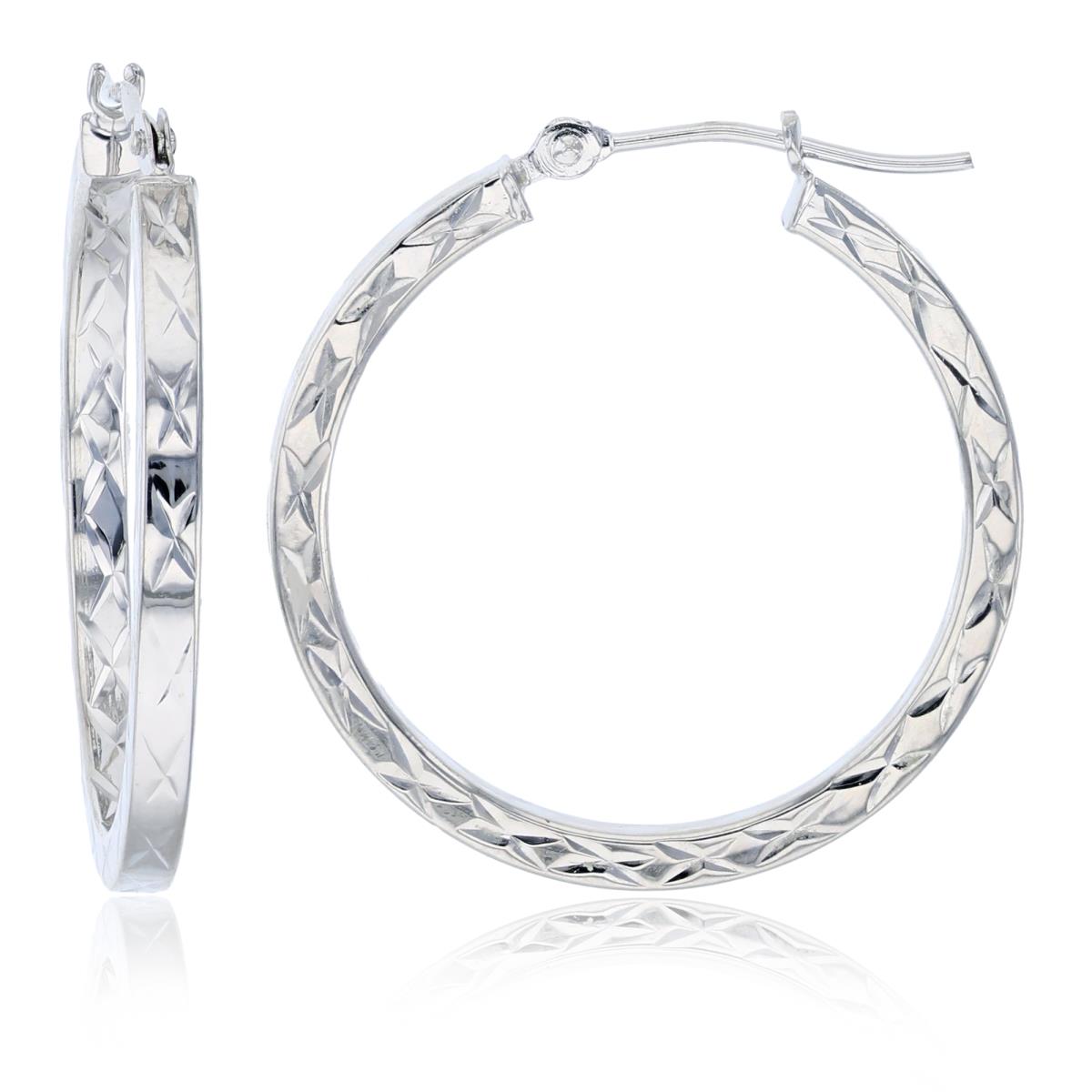 14K White Gold 25x2mm "X" Diamond Cut Hoop Earring