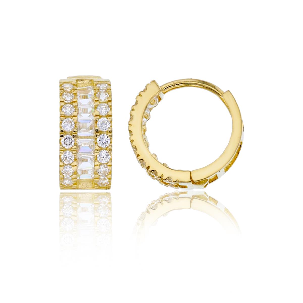 14K Yellow Gold 11x5mm 3-Row Round Cut & Baguette CZ Huggie Earring