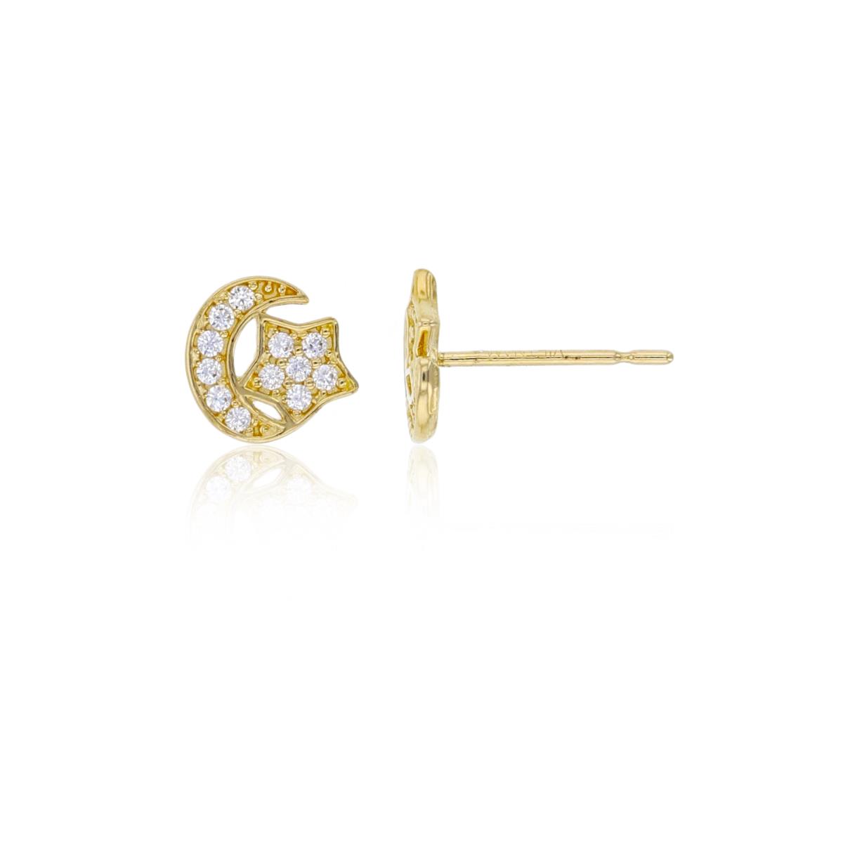 14K Yellow Gold 6x6mm Pave Moon & Star Stud Earring