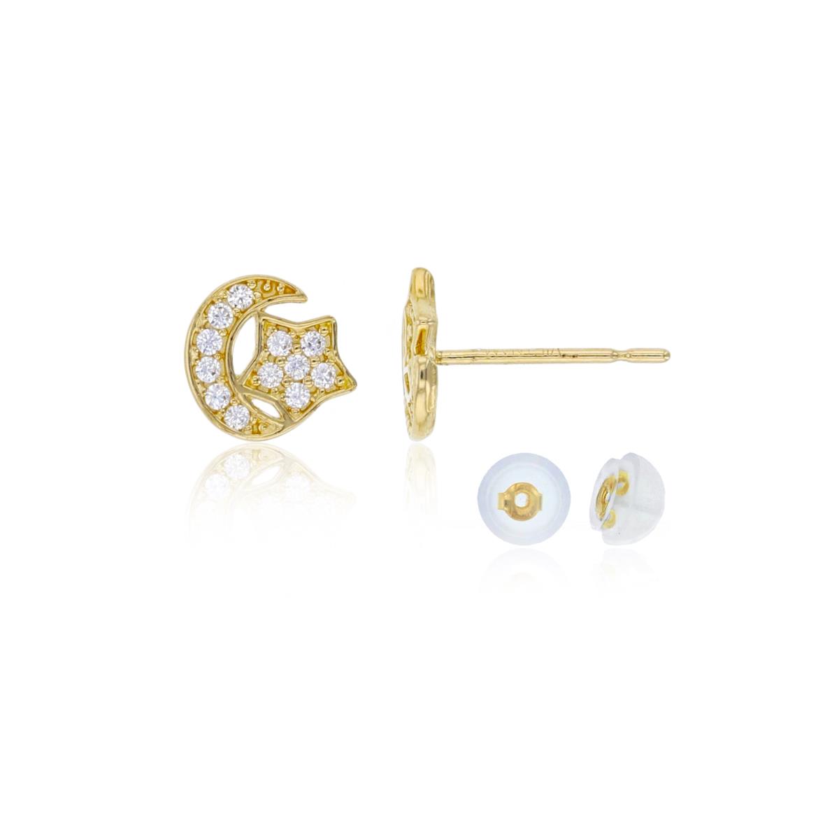 14K Yellow Gold 6x6mm Pave Moon & Star Stud Earring with Silicone Back