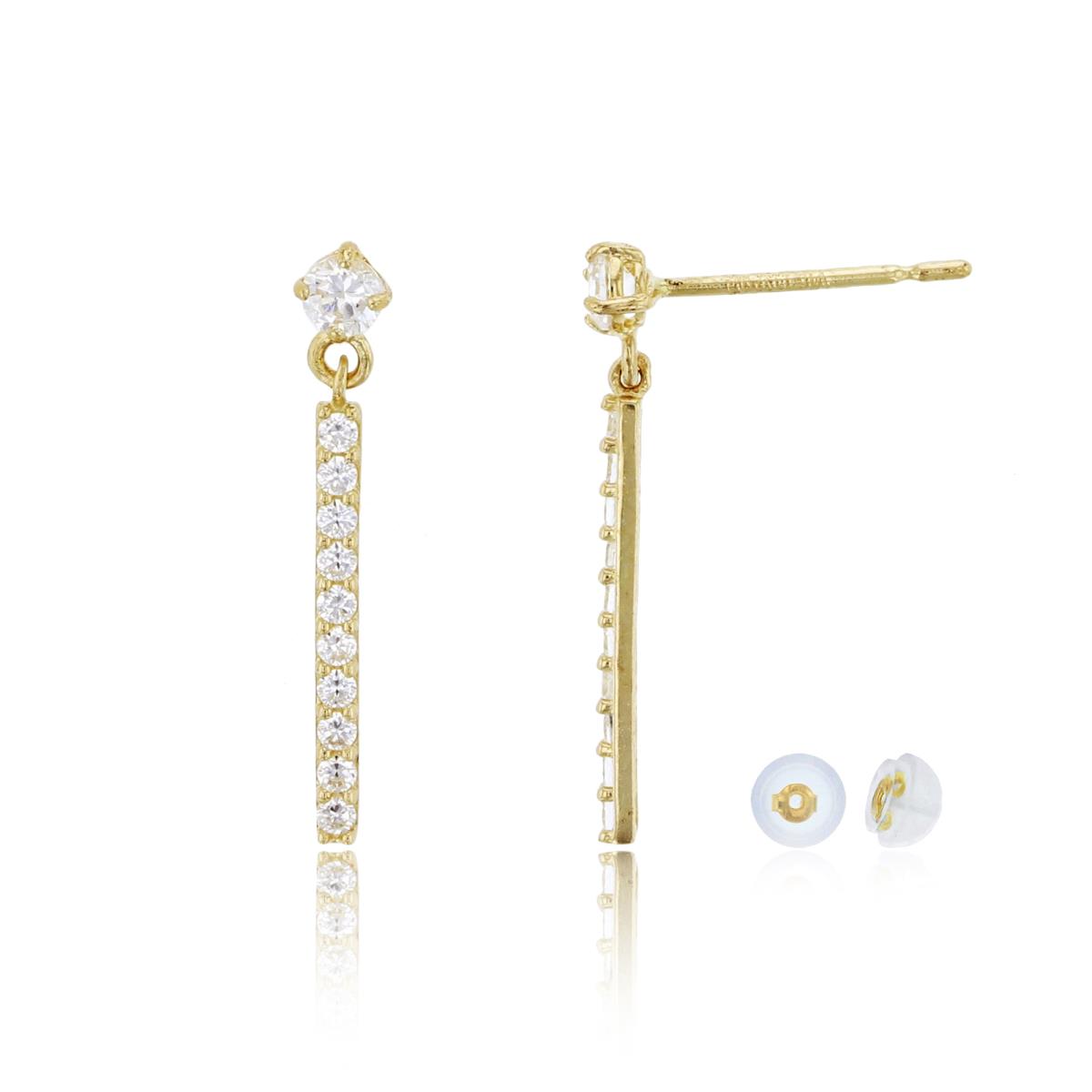 14K Yellow Gold 18x3mm Pave Round Cut CZ Dangling Bar Earring with Silicone Back