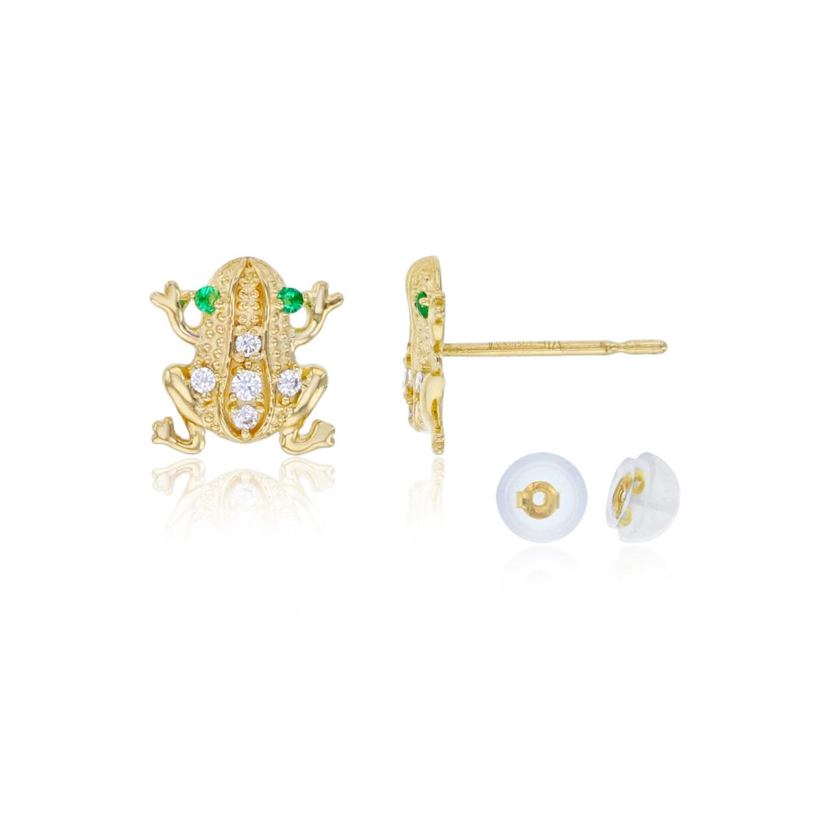 14K Yellow Gold White & Emerald CZ Milgrain Frog Stud Earring with Silicone Back