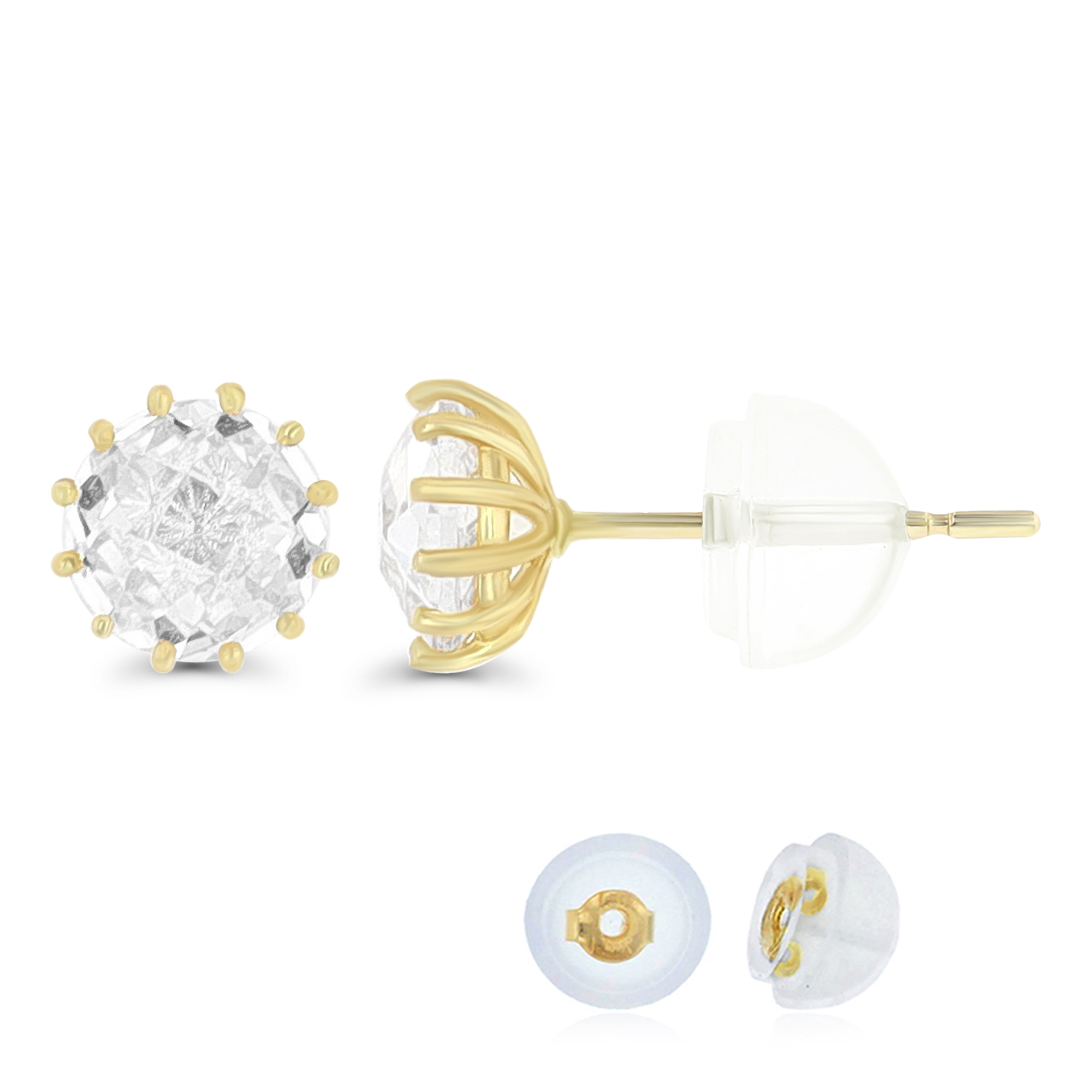 14K Yellow Gold 6mm Checkerboard Cut CZ Solitaire Stud Earring with Silicone Back