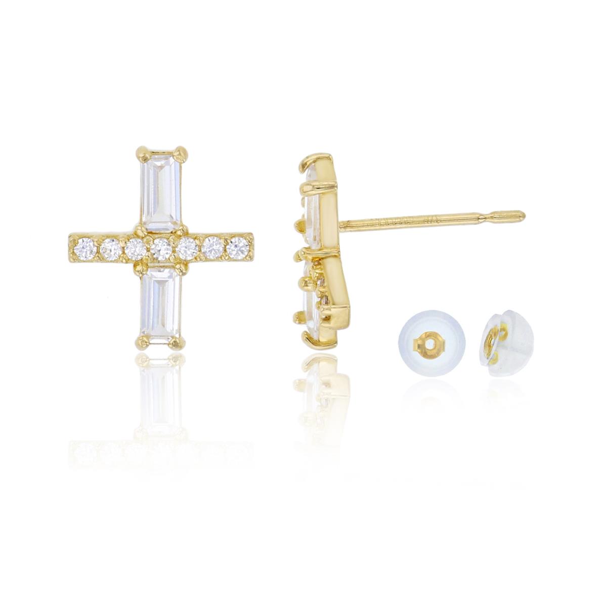 14K Yellow Gold Round Cut & Baguette CZ "X" Stud Earring with Silicone Back