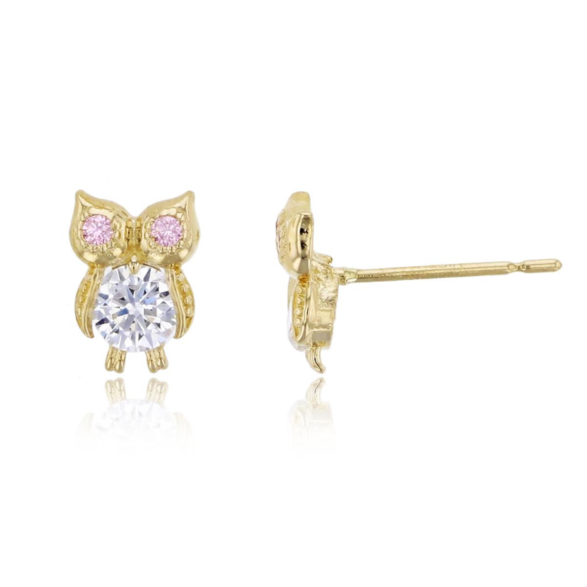14K Yellow Gold Pink & White CZ Milgrain Owl Stud Earring