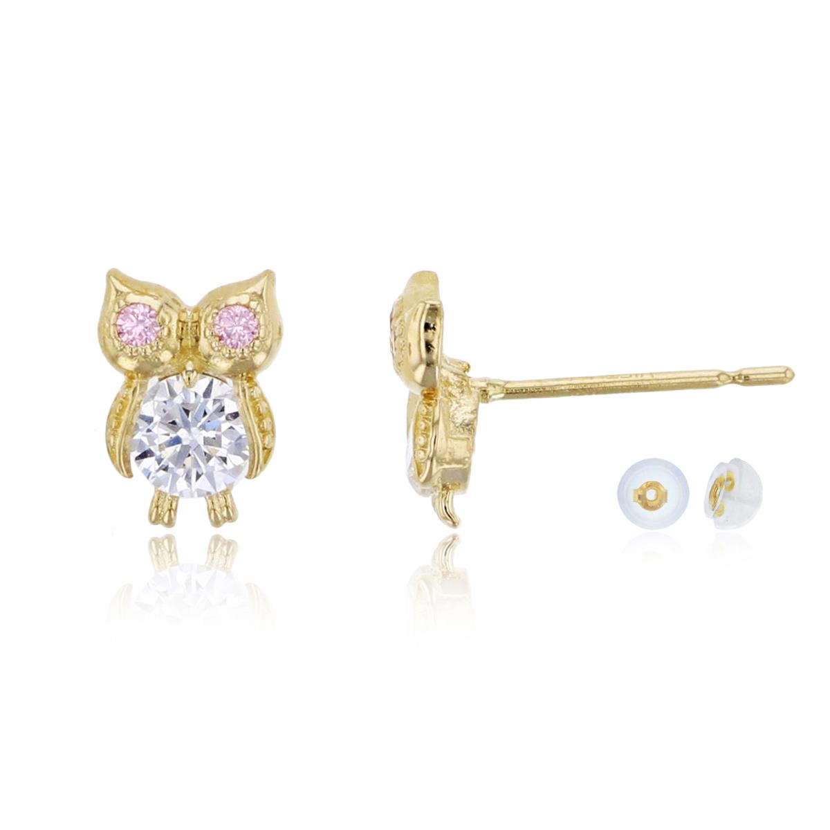 14K Yellow Gold Pink & White CZ Milgrain Owl Stud Earring with Silicone Back