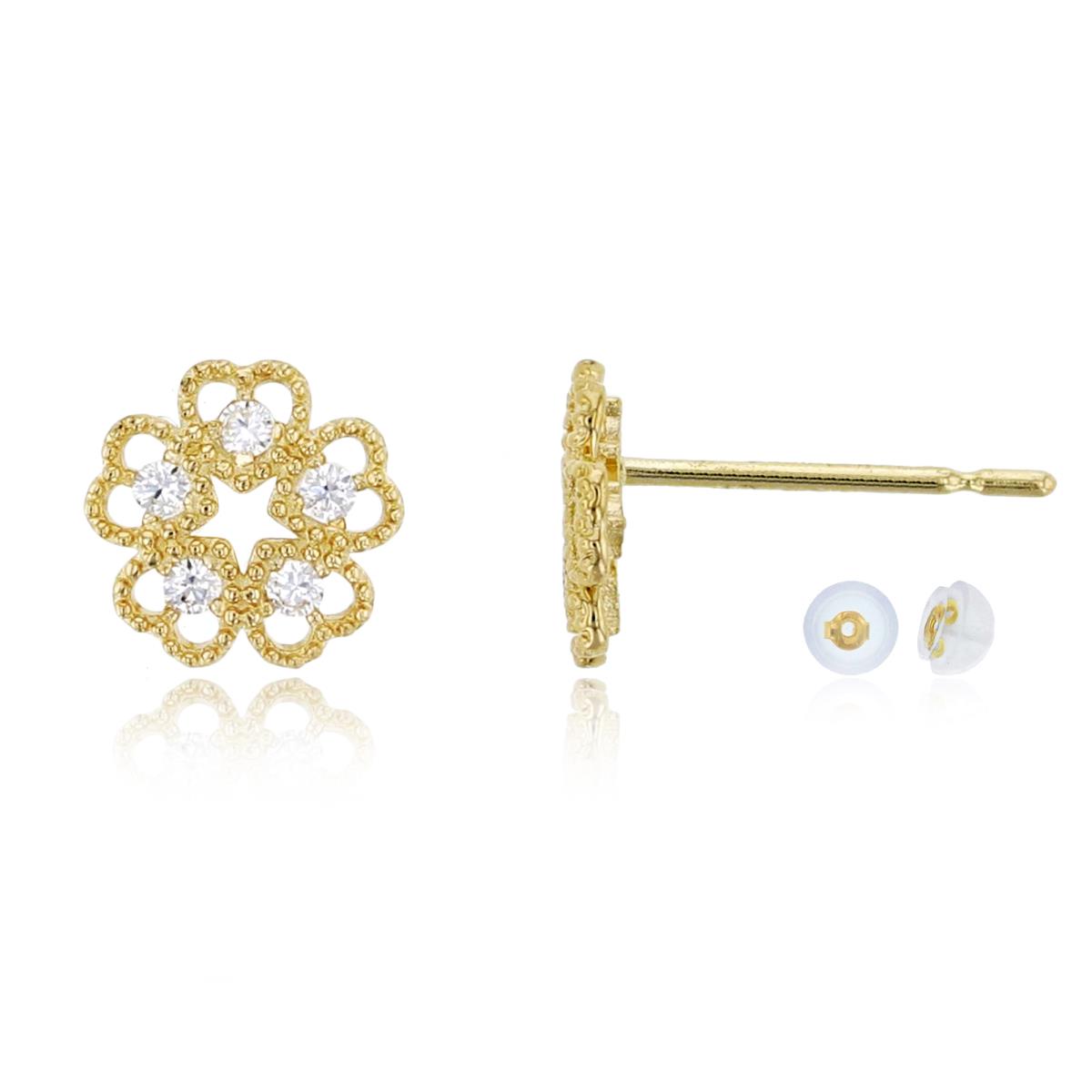 14K Yellow Gold 6x6mm Milgrain CZ Flower Stud Earring with Silicone Back