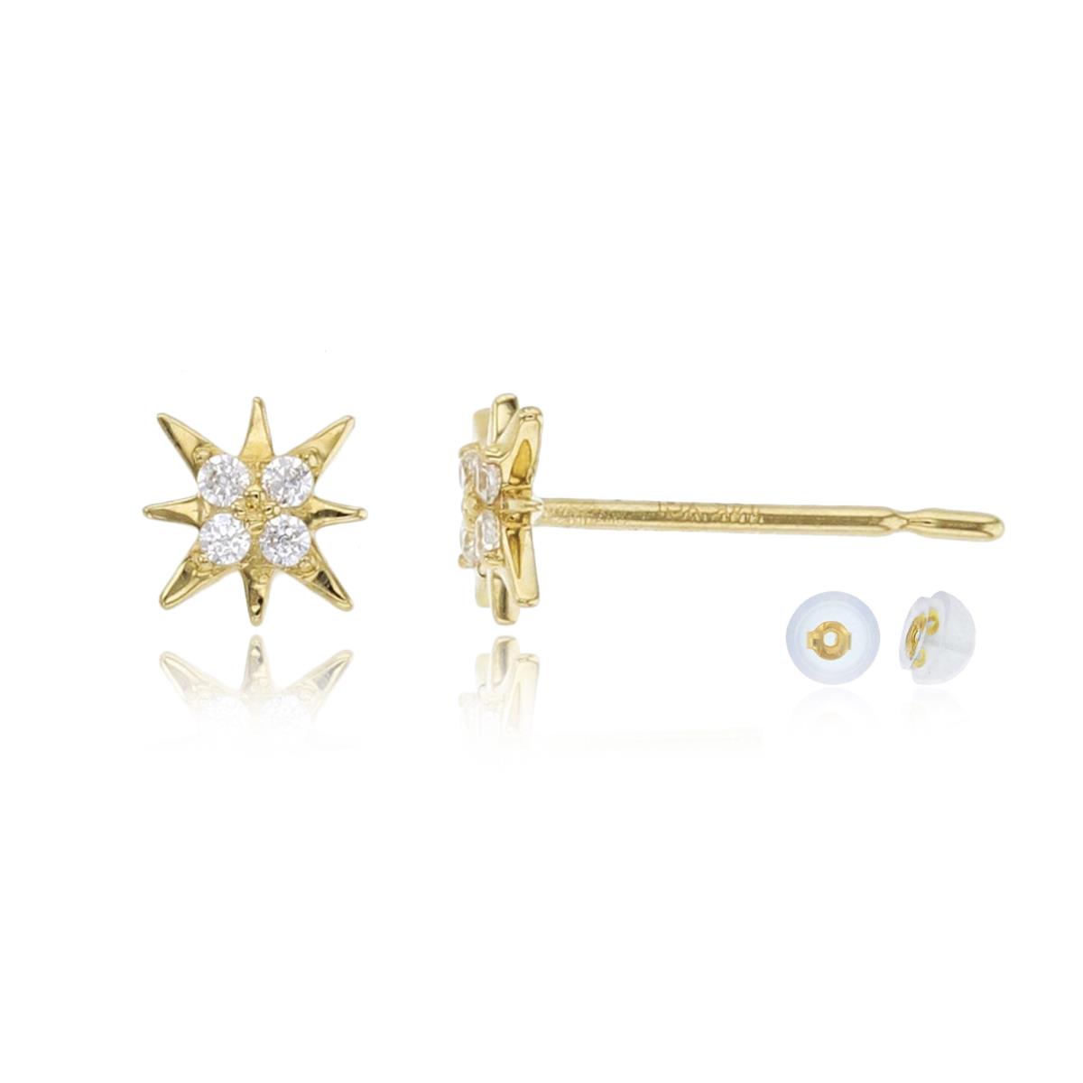 14K Yellow Gold Round Cut CZ Starburst Stud Earring with Silicone Back